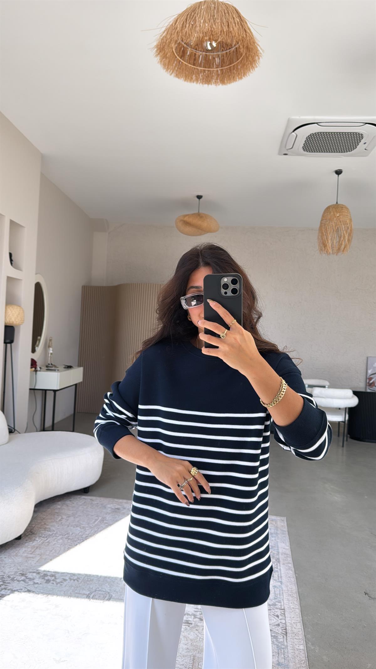 Lacivert Çizgili İthal Çelik Triko