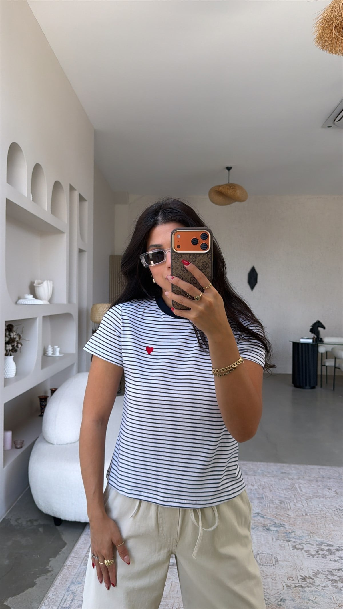 Lacivert Çizgili Kalp Nakışlı Tshirt