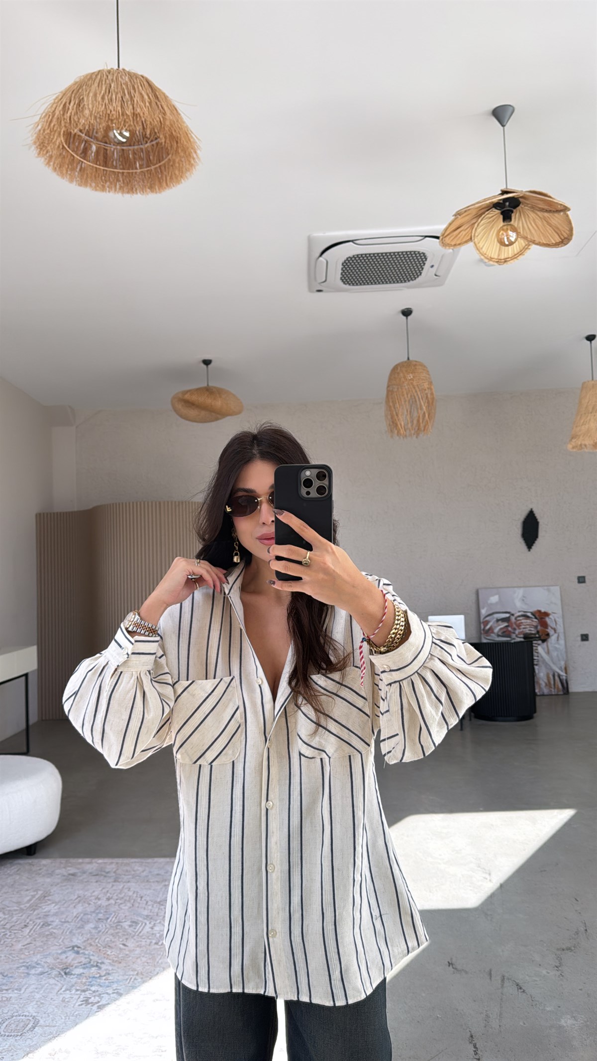 Lacivert Çizgili Keten Gömlek 