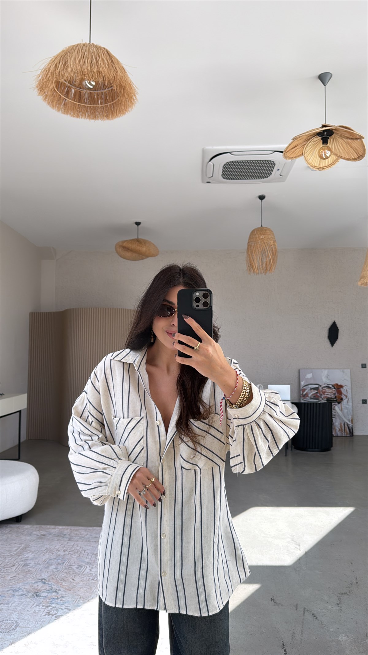 Lacivert Çizgili Keten Gömlek 