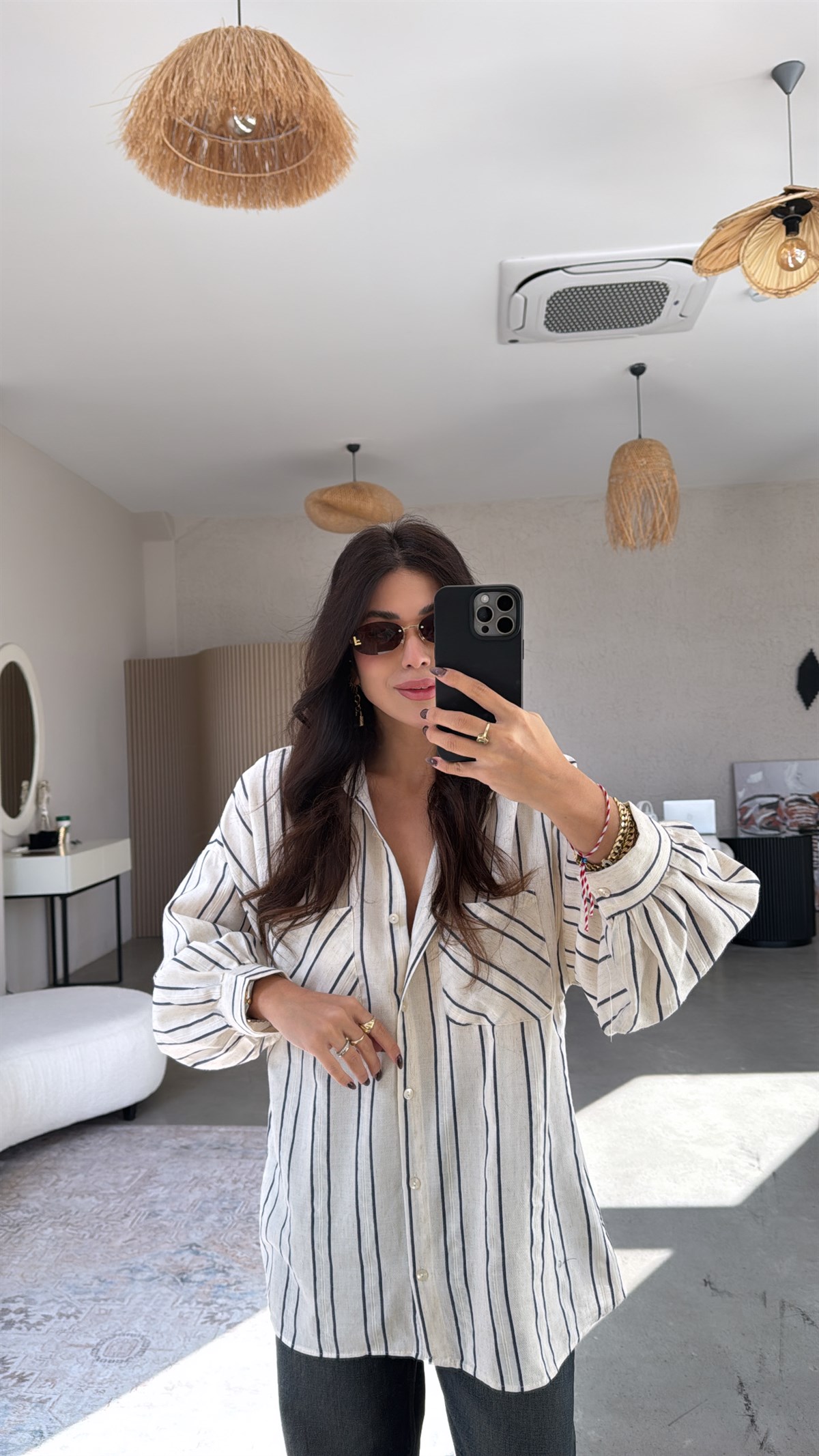 Lacivert Çizgili Keten Gömlek 