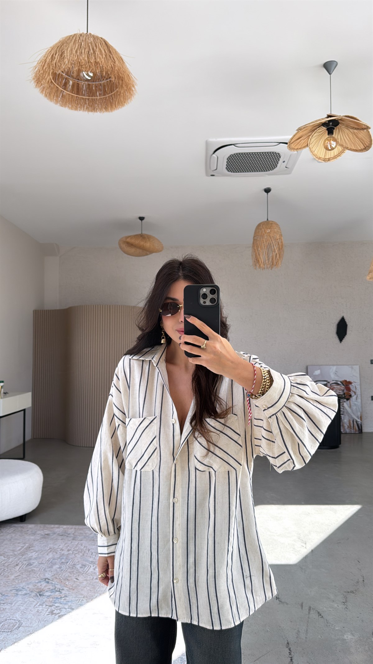 Lacivert Çizgili Keten Gömlek 