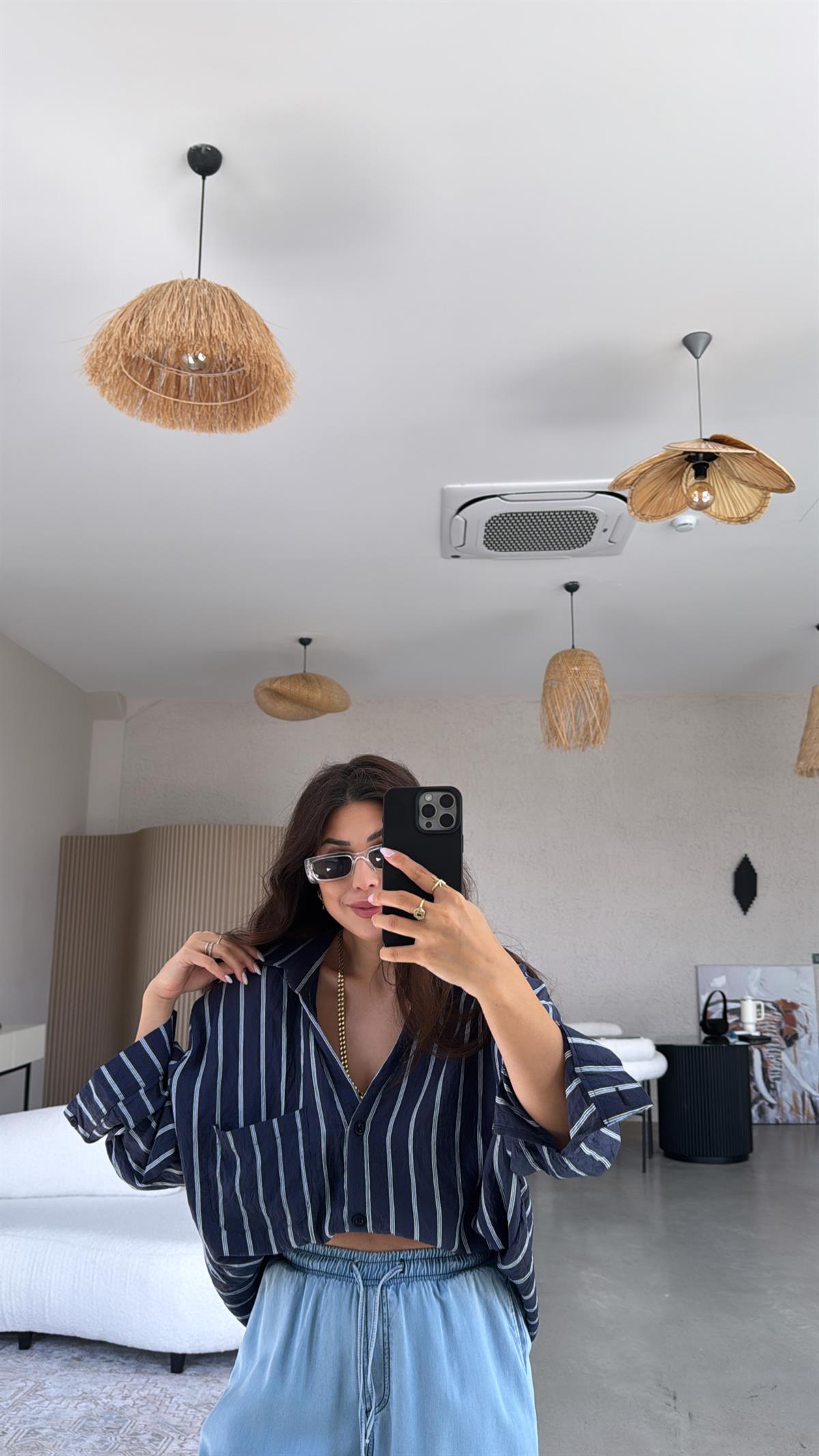 Lacivert Çizgili Kırışık Gömlek