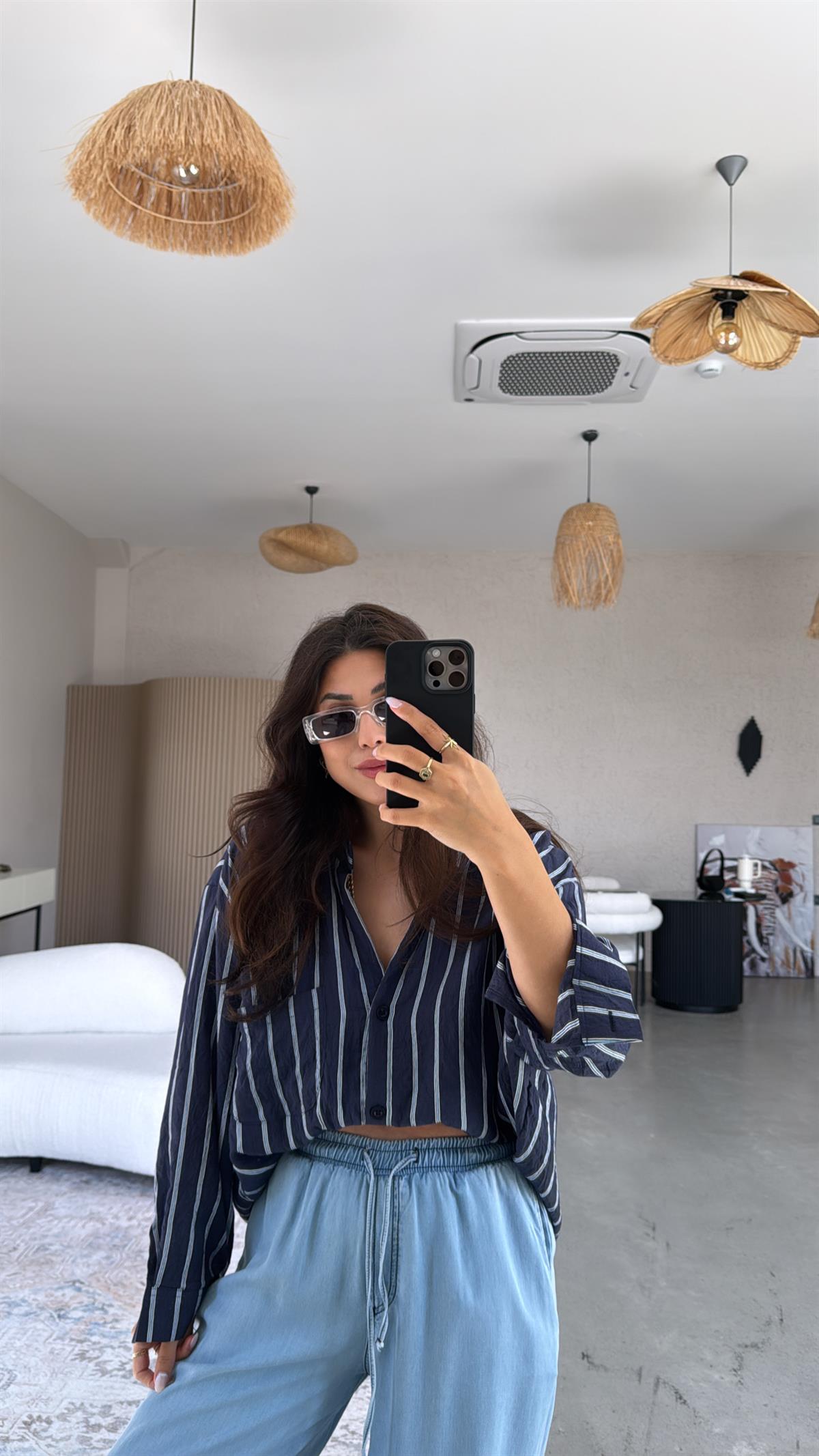 Lacivert Çizgili Kırışık Gömlek