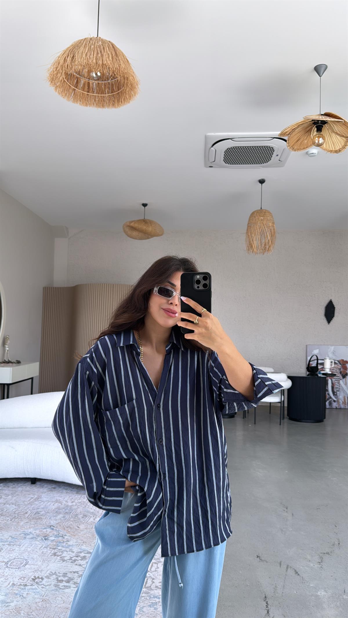Lacivert Çizgili Kırışık Gömlek