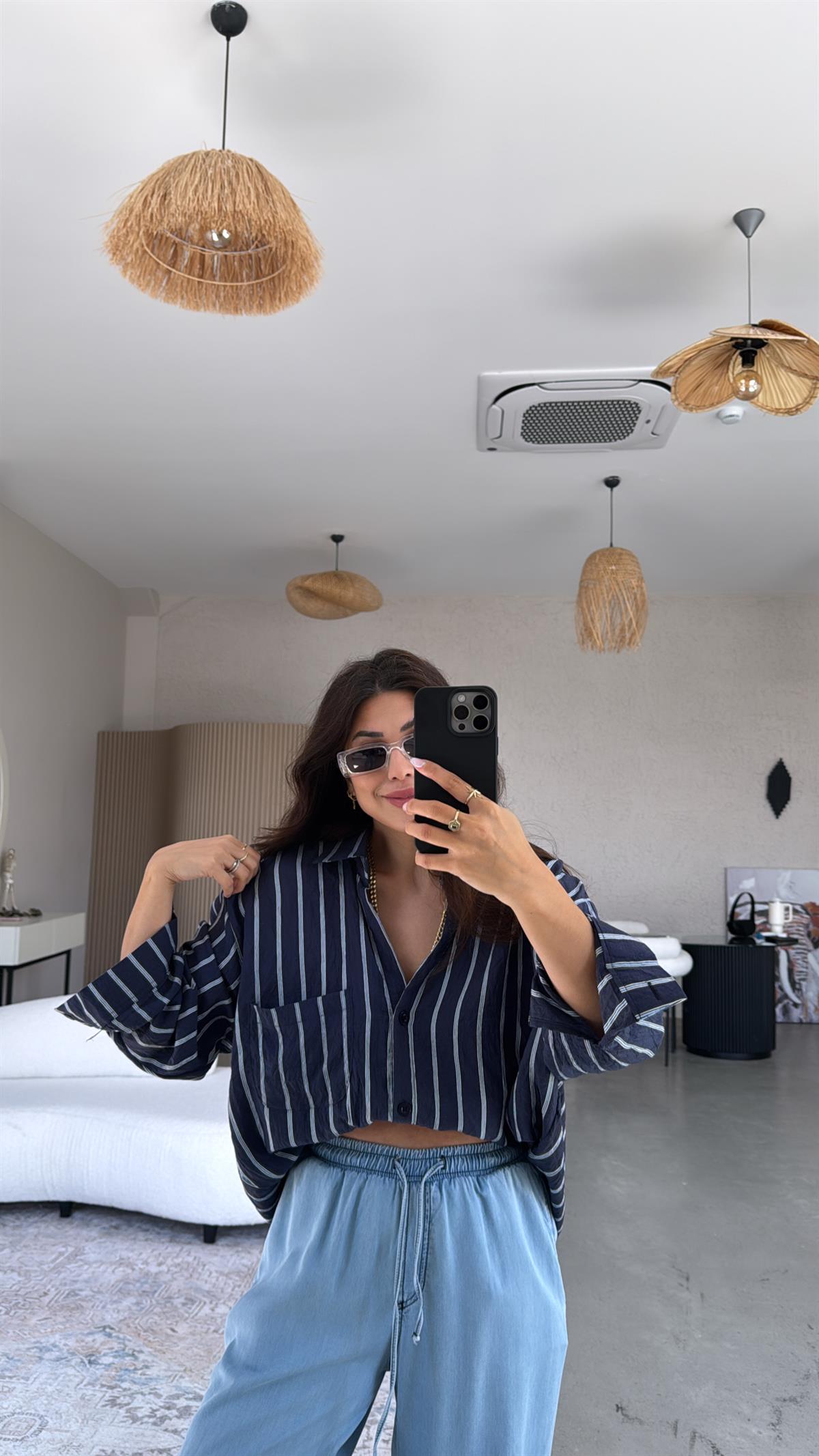 Lacivert Çizgili Kırışık Gömlek