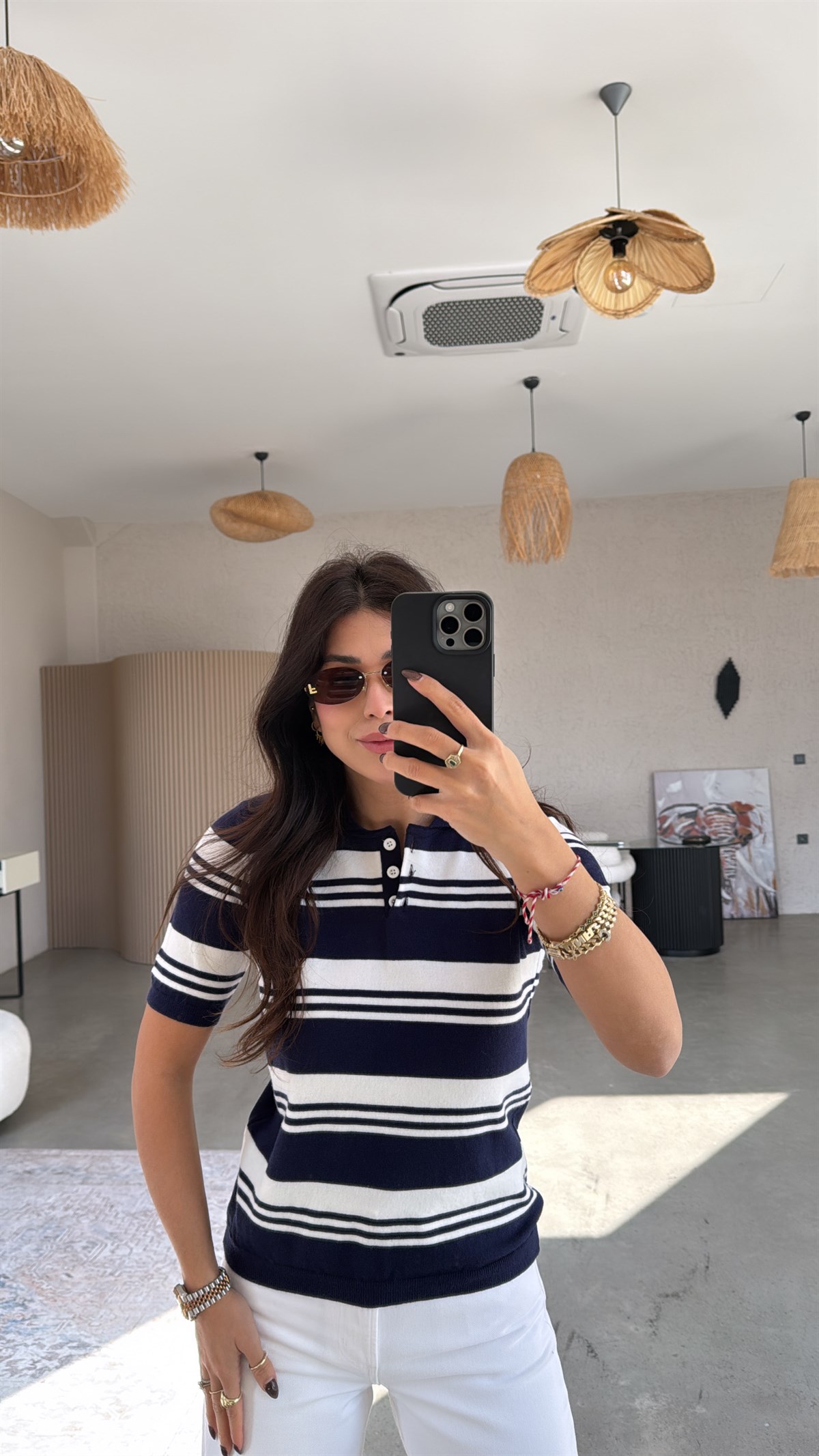 Lacivert Çizgili Kısa Kol Massi Triko Bluz