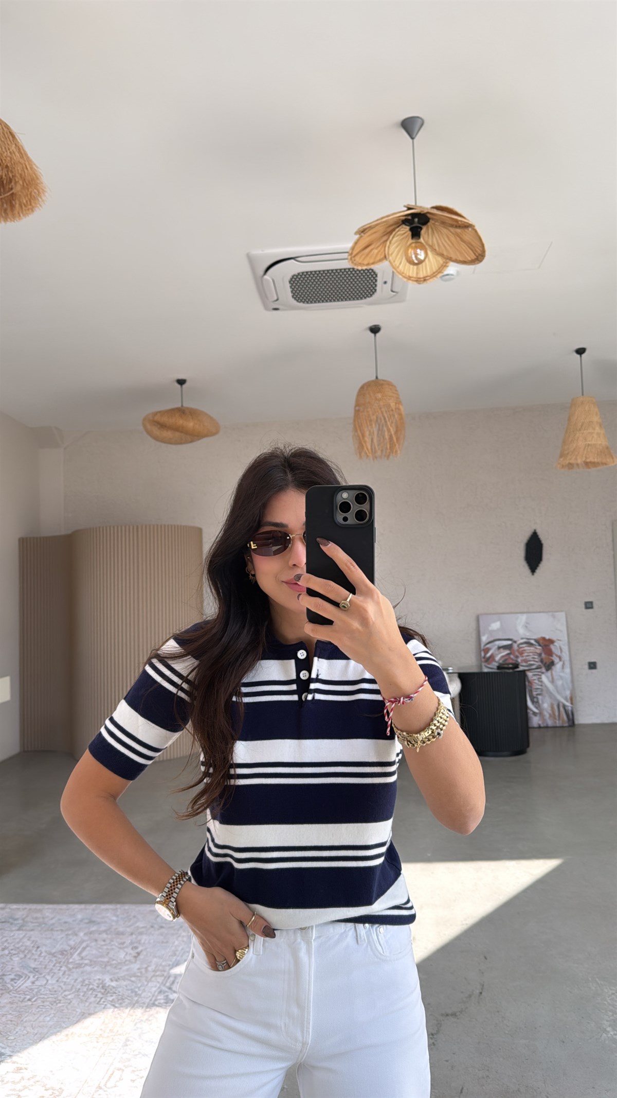 Lacivert Çizgili Kısa Kol Massi Triko Bluz