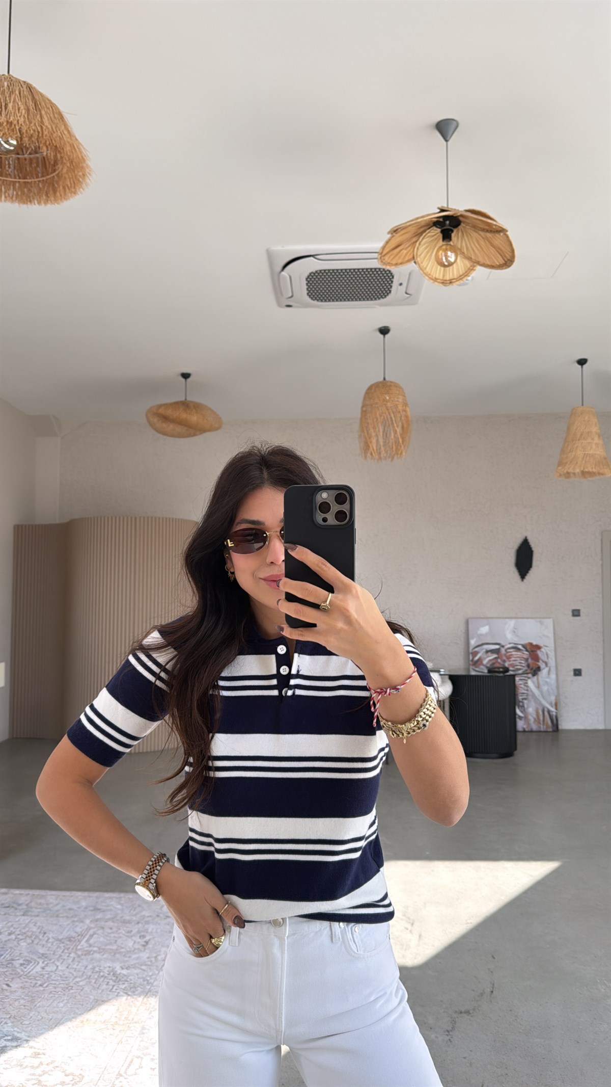 Lacivert Çizgili Kısa Kol Massi Triko Bluz