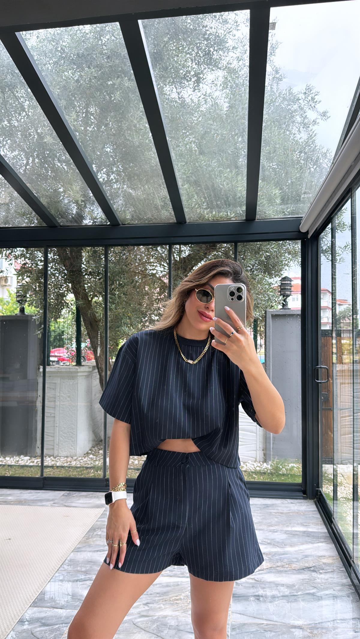 Lacivert Çizgili Şortlu Kumaş Takım