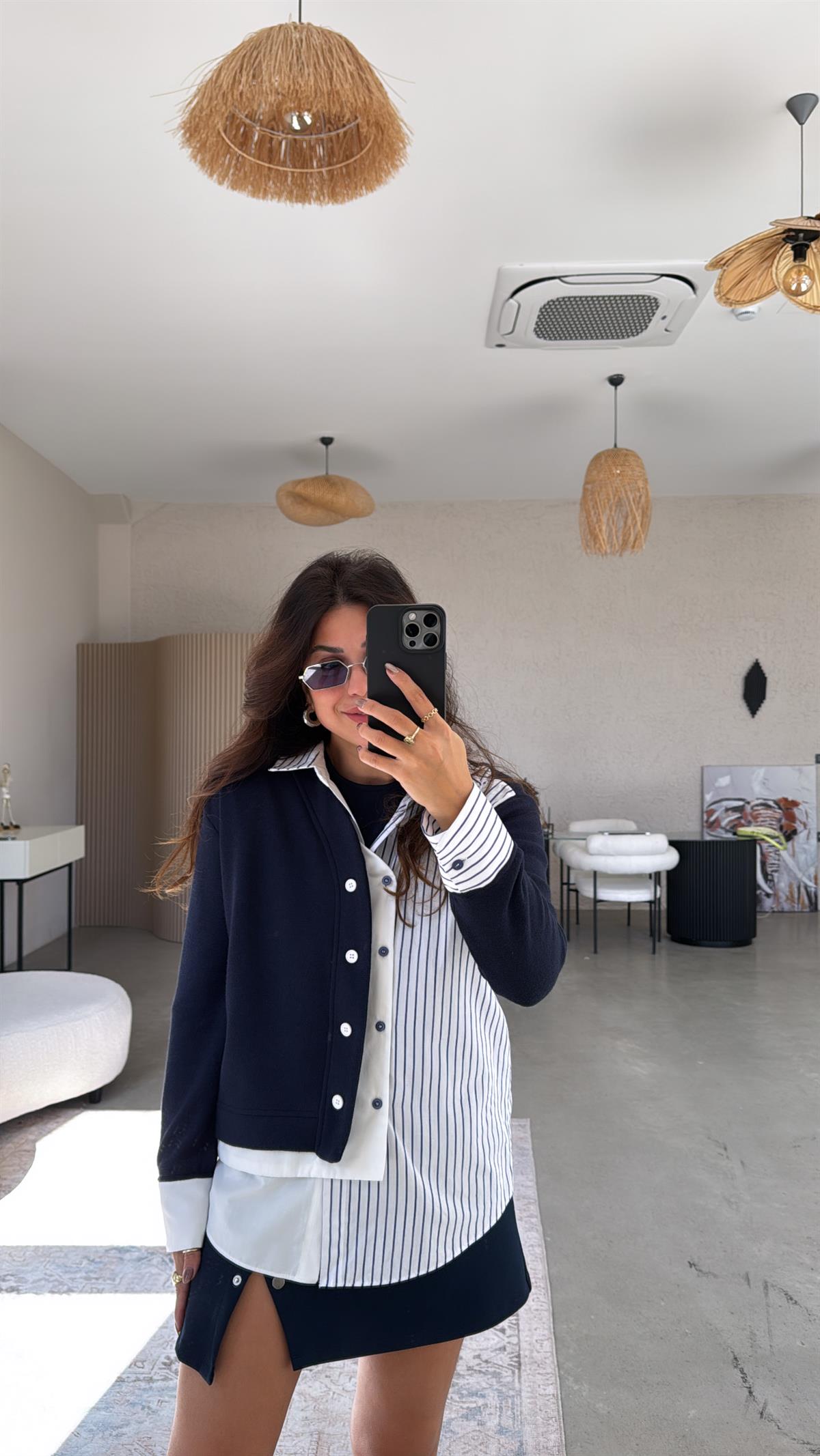 Lacivert Çizgili Tasarım Triko Detaylı Gömlek Bluz