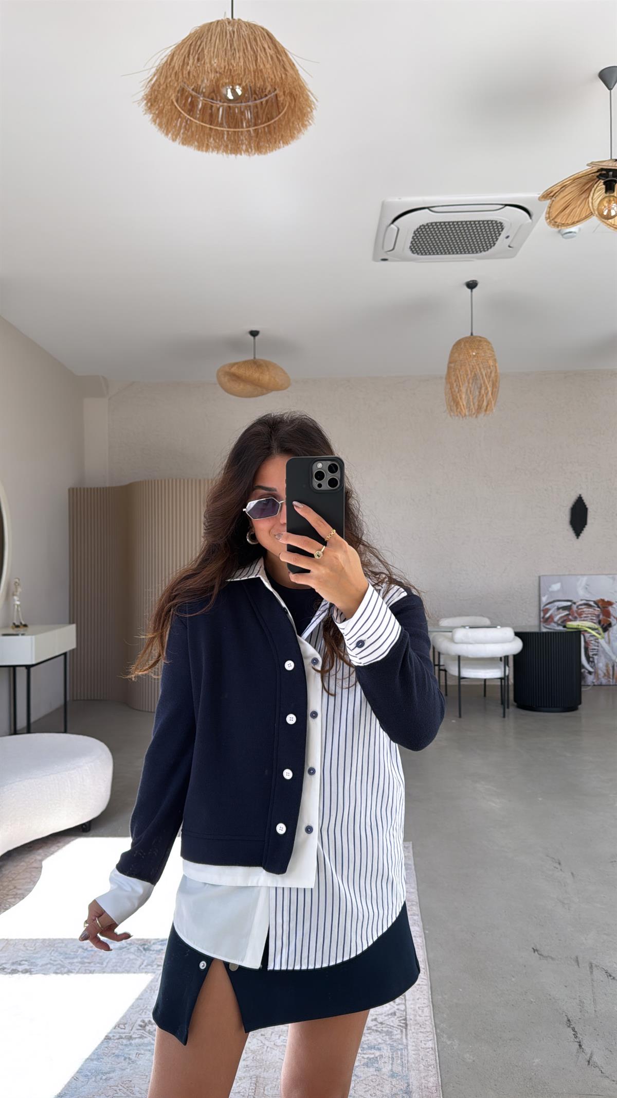 Lacivert Çizgili Tasarım Triko Detaylı Gömlek Bluz