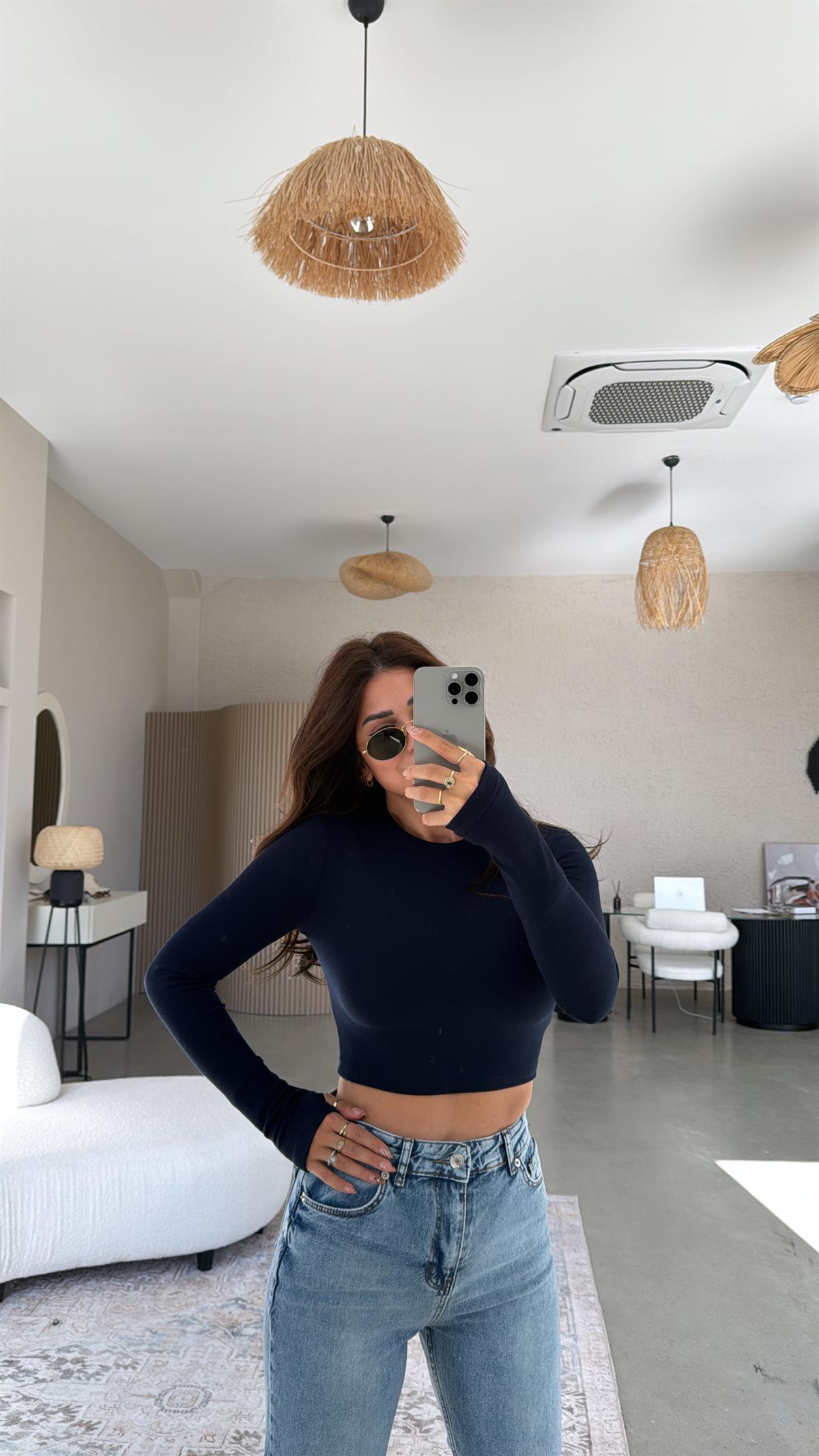 Lacivert Crop Parmak Geçme İthal Body