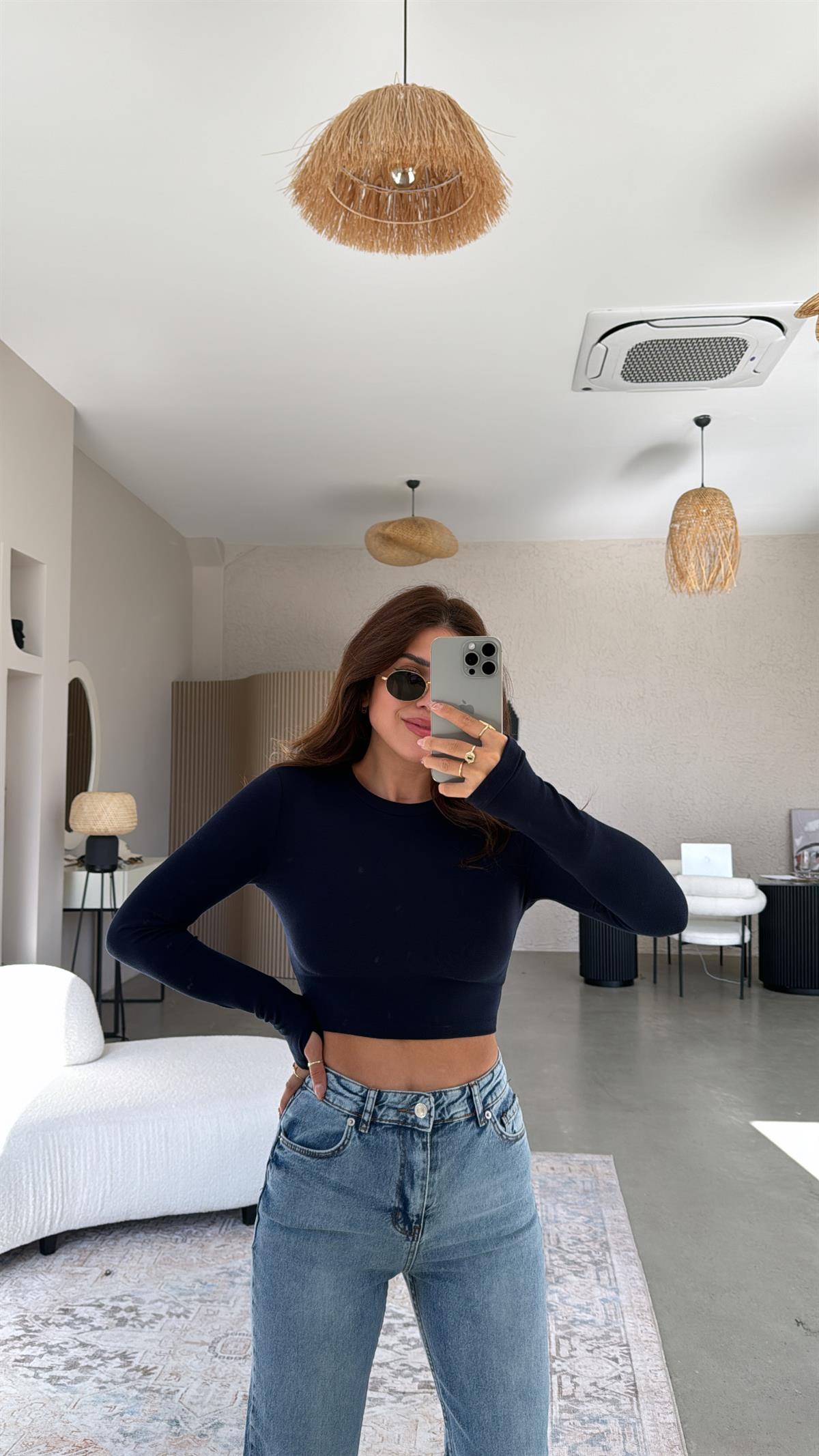 Lacivert Crop Parmak Geçme İthal Body