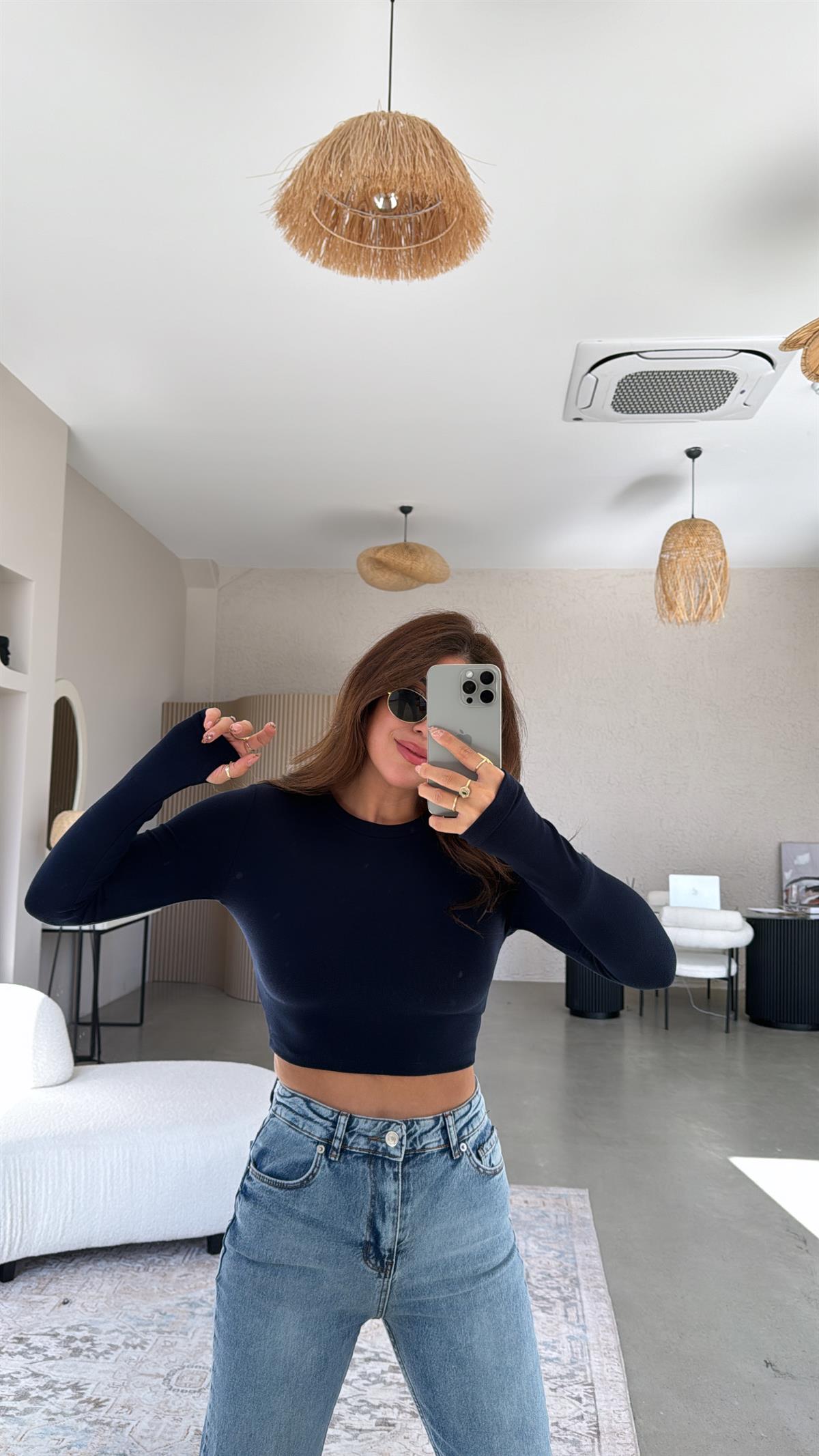 Lacivert Crop Parmak Geçme İthal Body