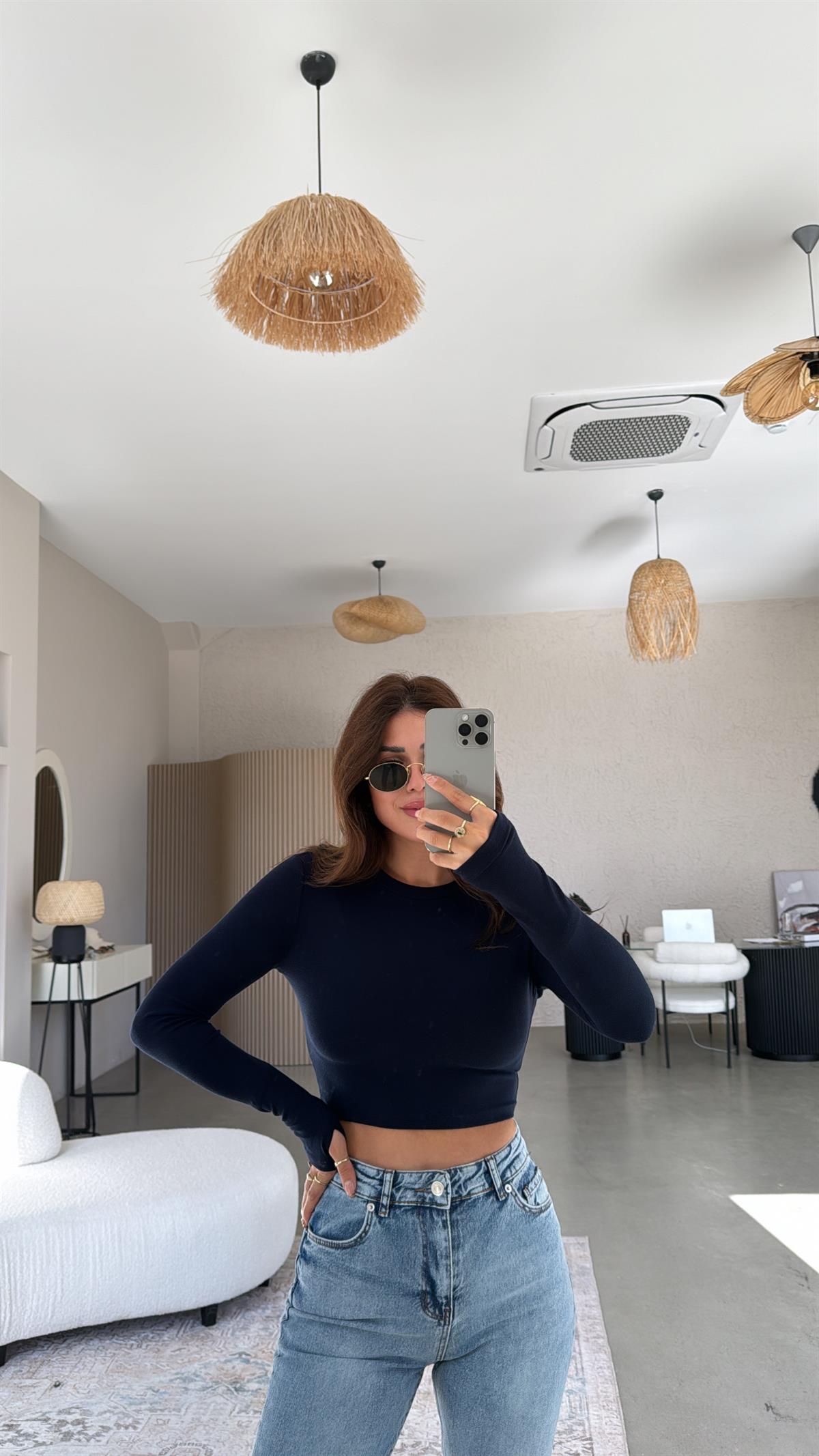 Lacivert Crop Parmak Geçme İthal Body