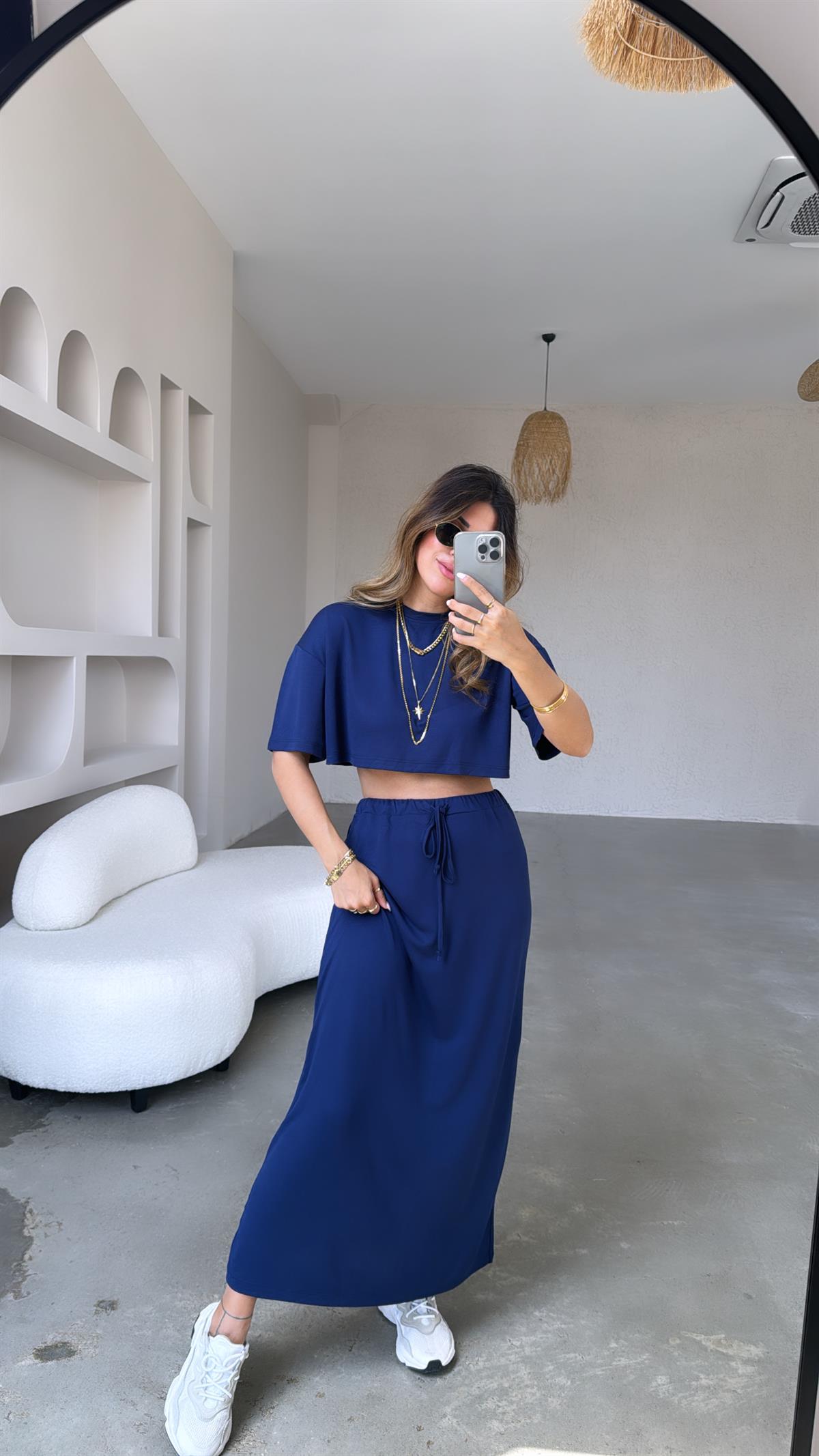 Lacivert Crop Tshirt Etek Takım