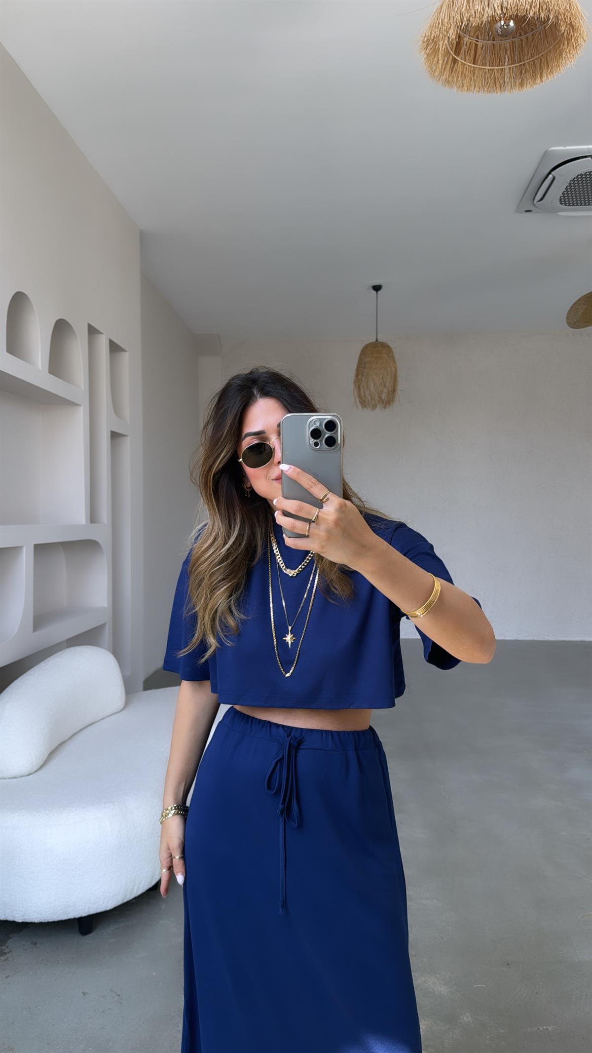 Lacivert Crop Tshirt Etek Takım