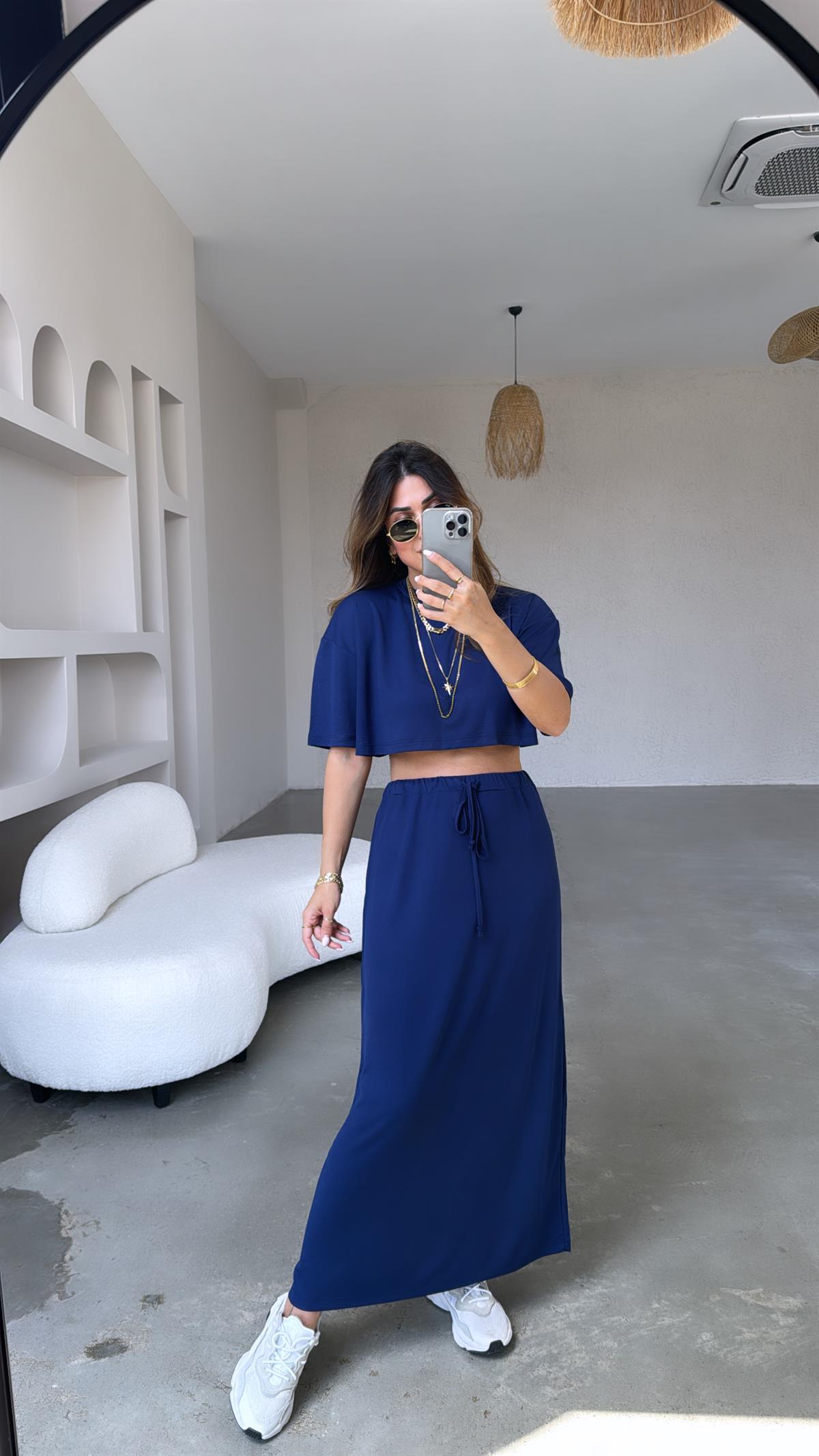 Lacivert Crop Tshirt Etek Takım