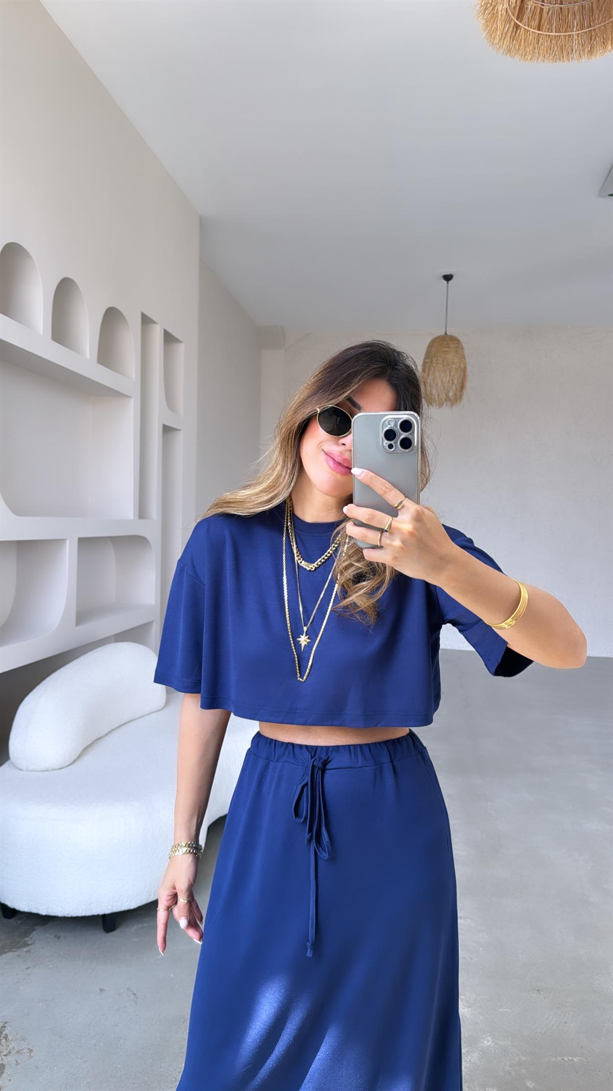 Lacivert Crop Tshirt Etek Takım