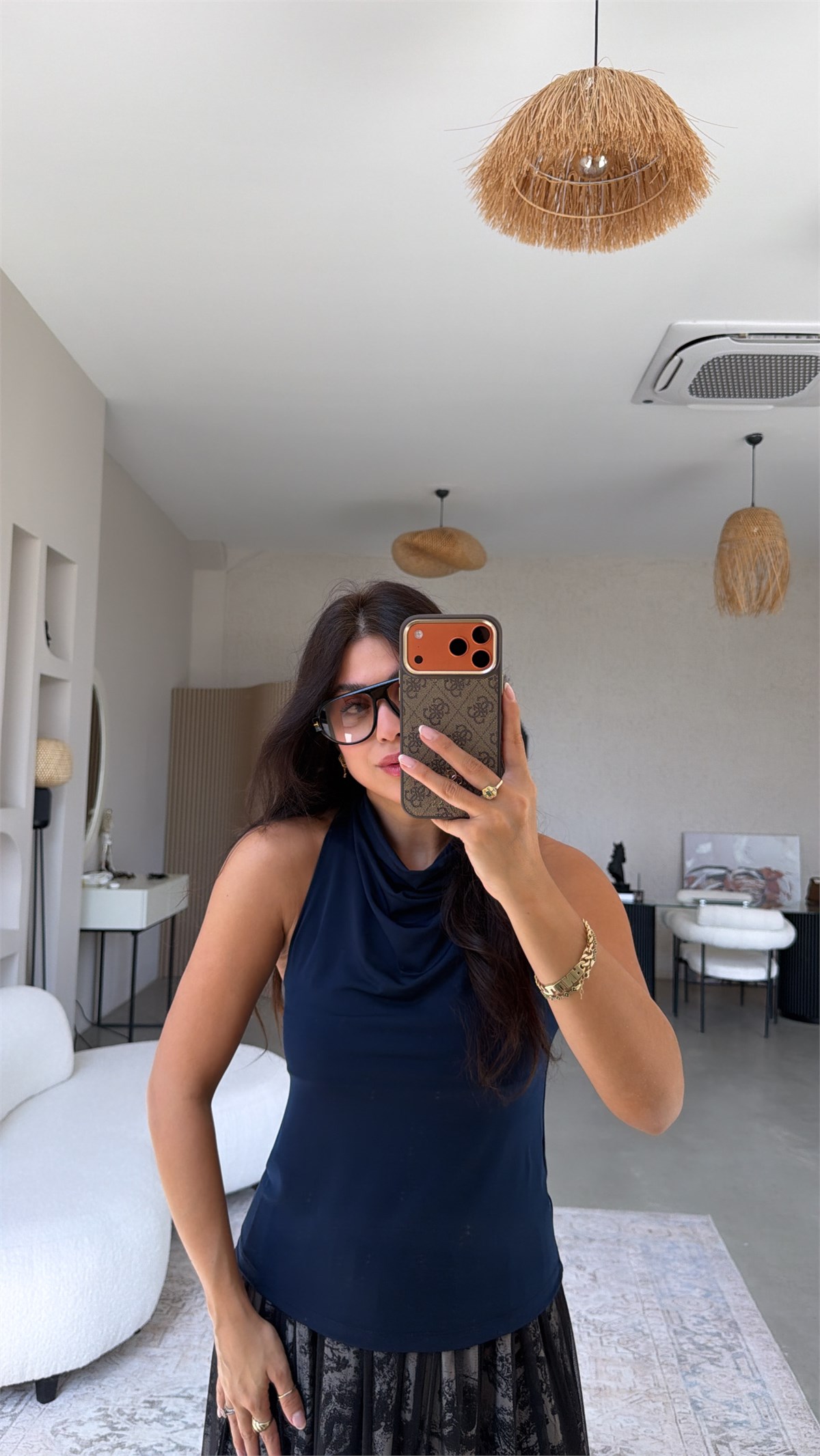 Lacivert Degaje Ense Düğmeli Bluz
