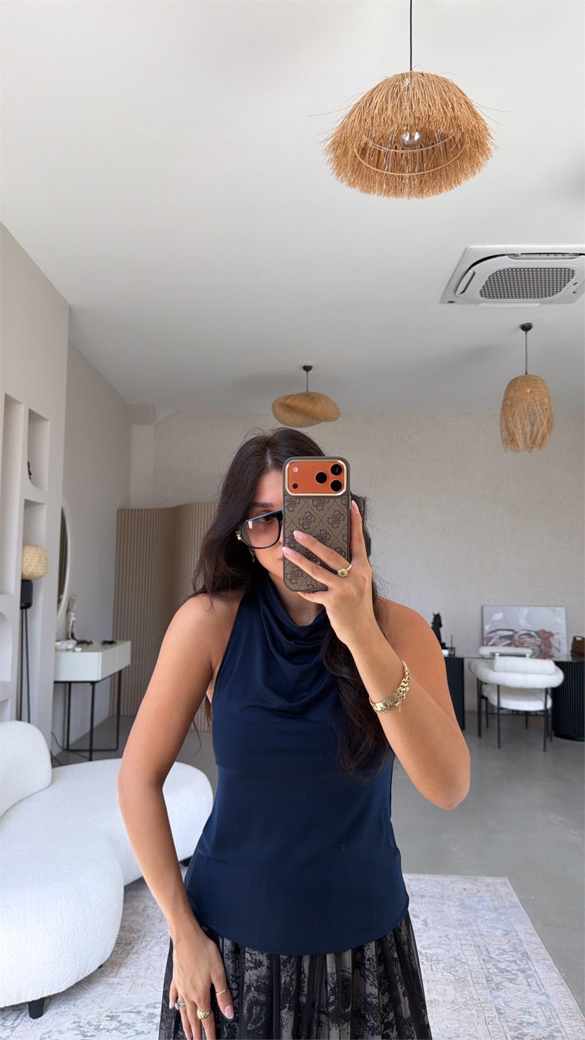 Lacivert Degaje Ense Düğmeli Bluz