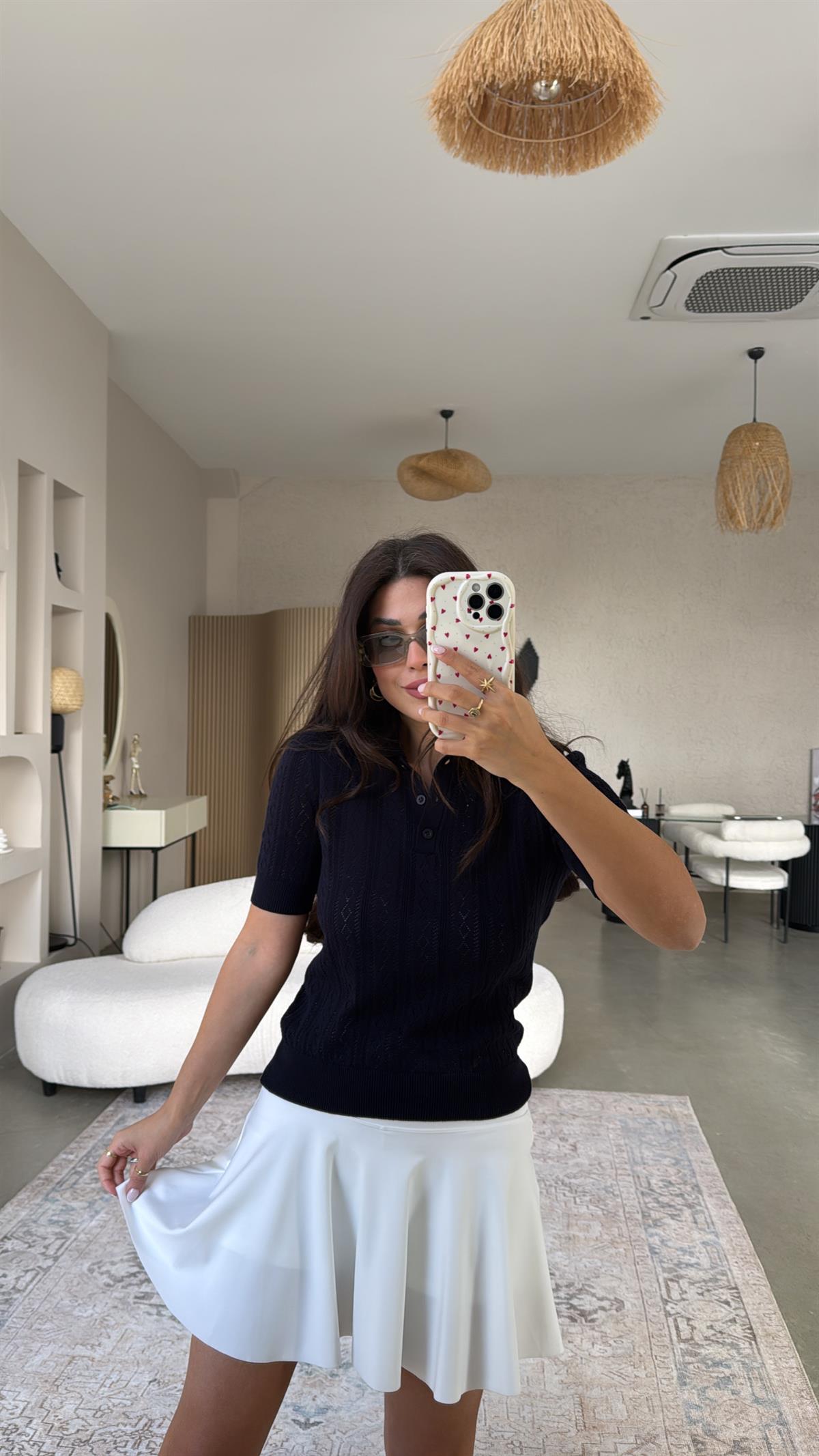 Lacivert Delikli Polo Yaka Baharlık Triko Bluz