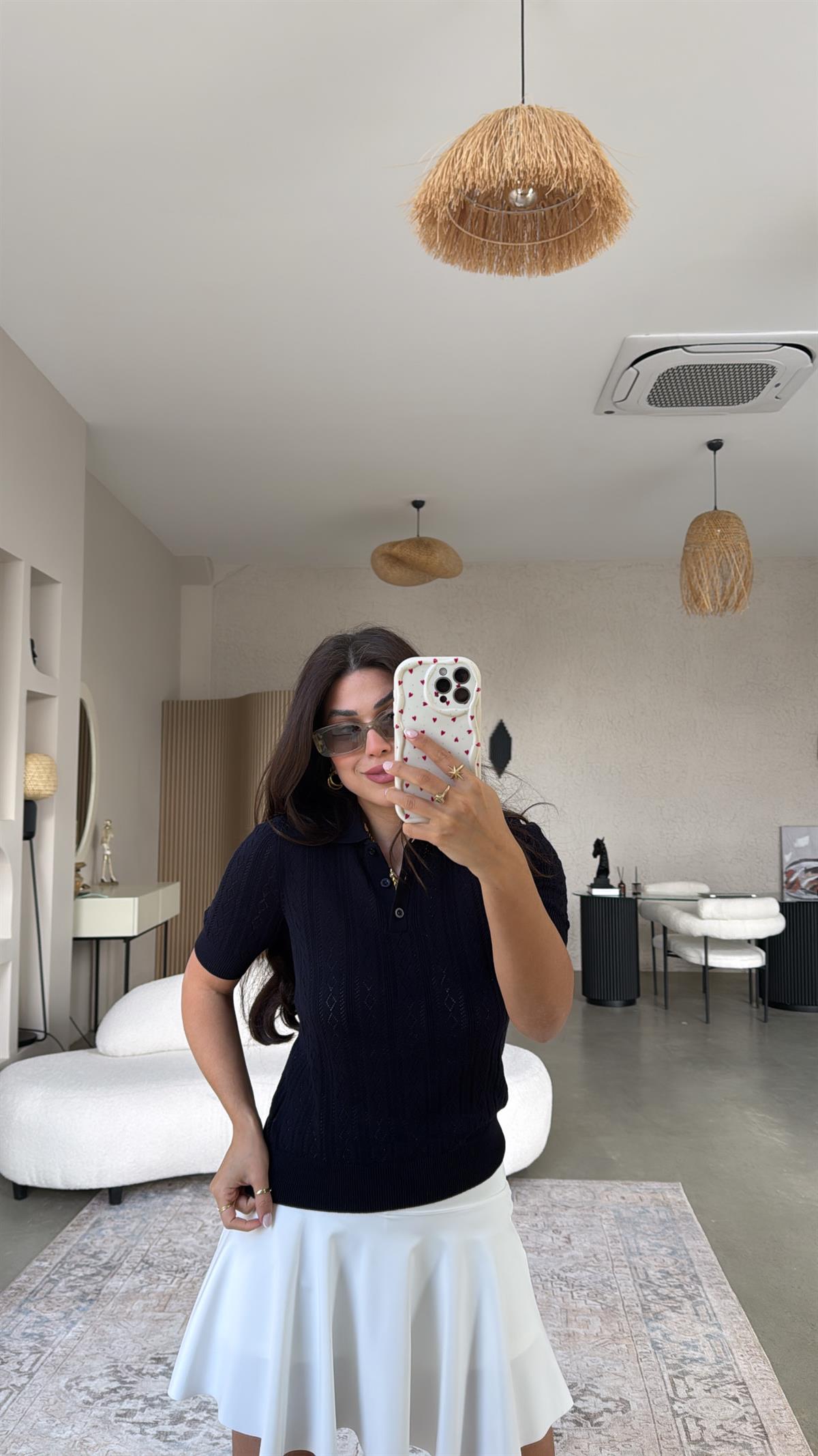 Lacivert Delikli Polo Yaka Baharlık Triko Bluz