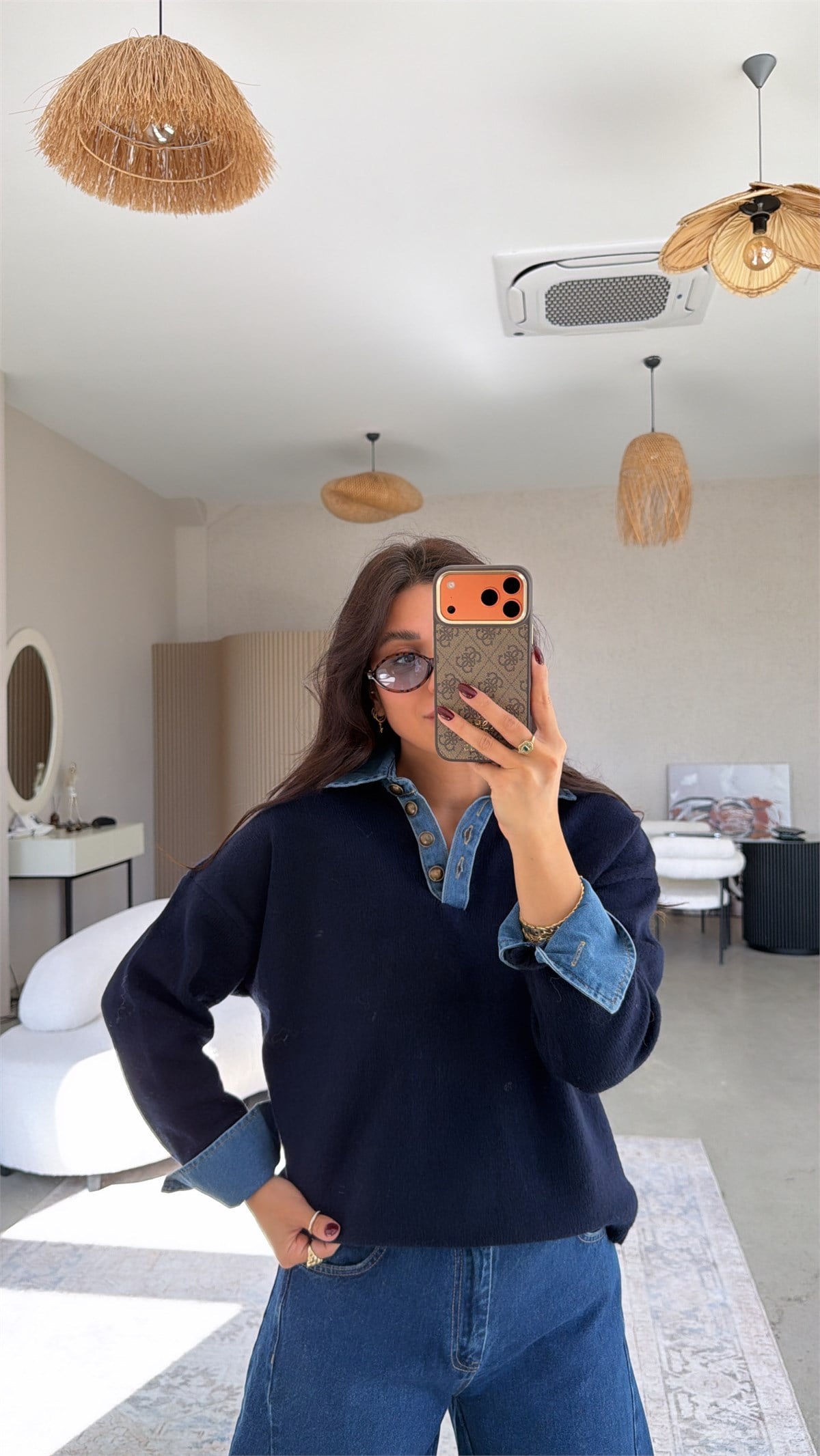 Lacivert Denim Detaylı Yakalı Kazak