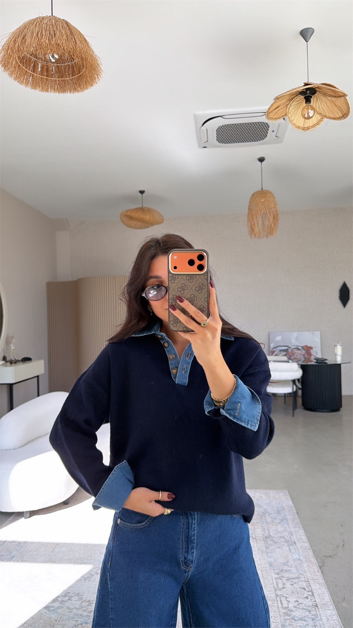 Lacivert Denim Detaylı Yakalı Kazak