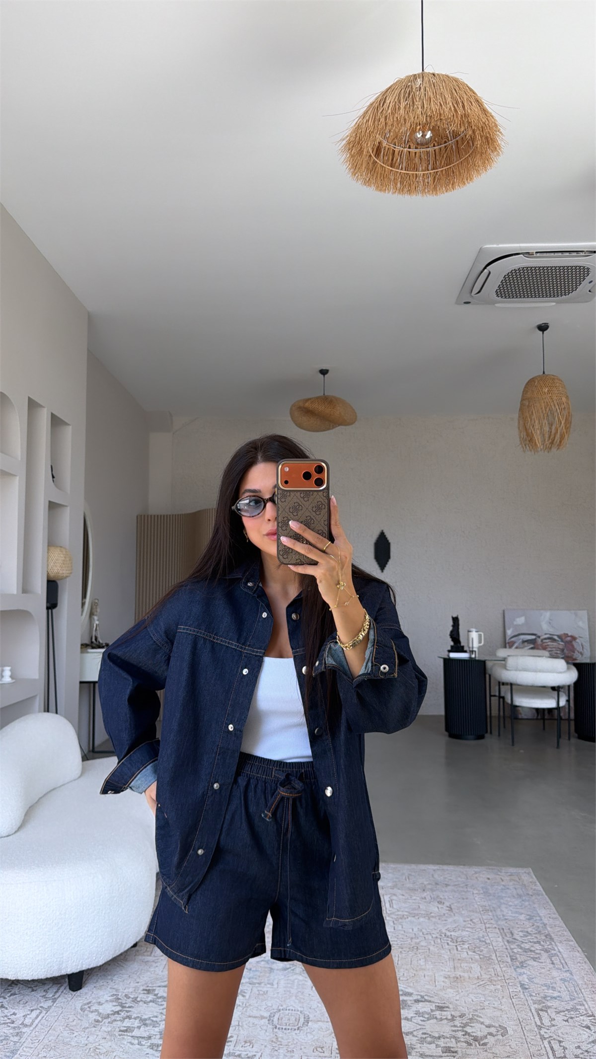 Lacivert Denim Şort Gömlek Takım