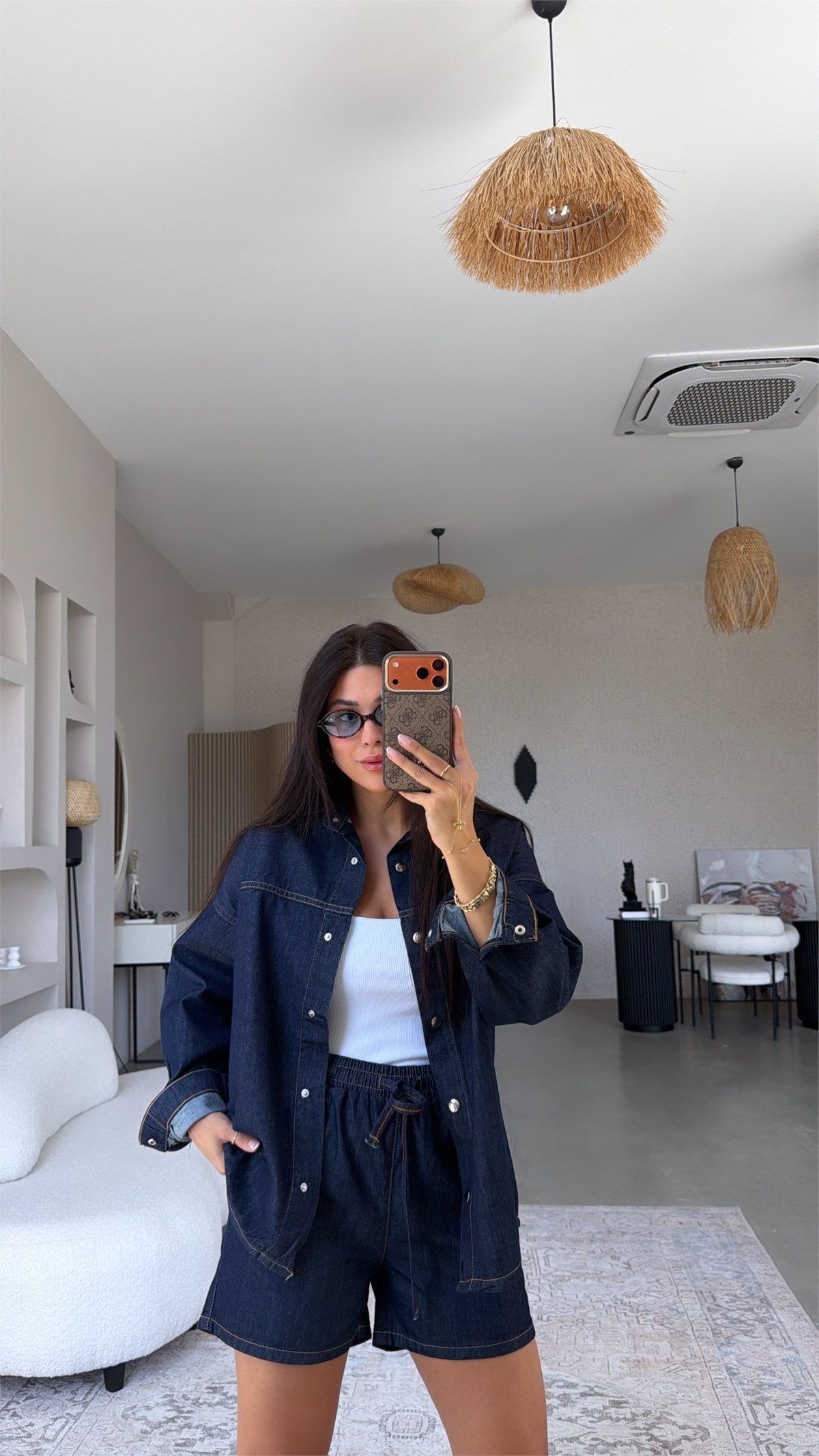 Lacivert Denim Şort Gömlek Takım