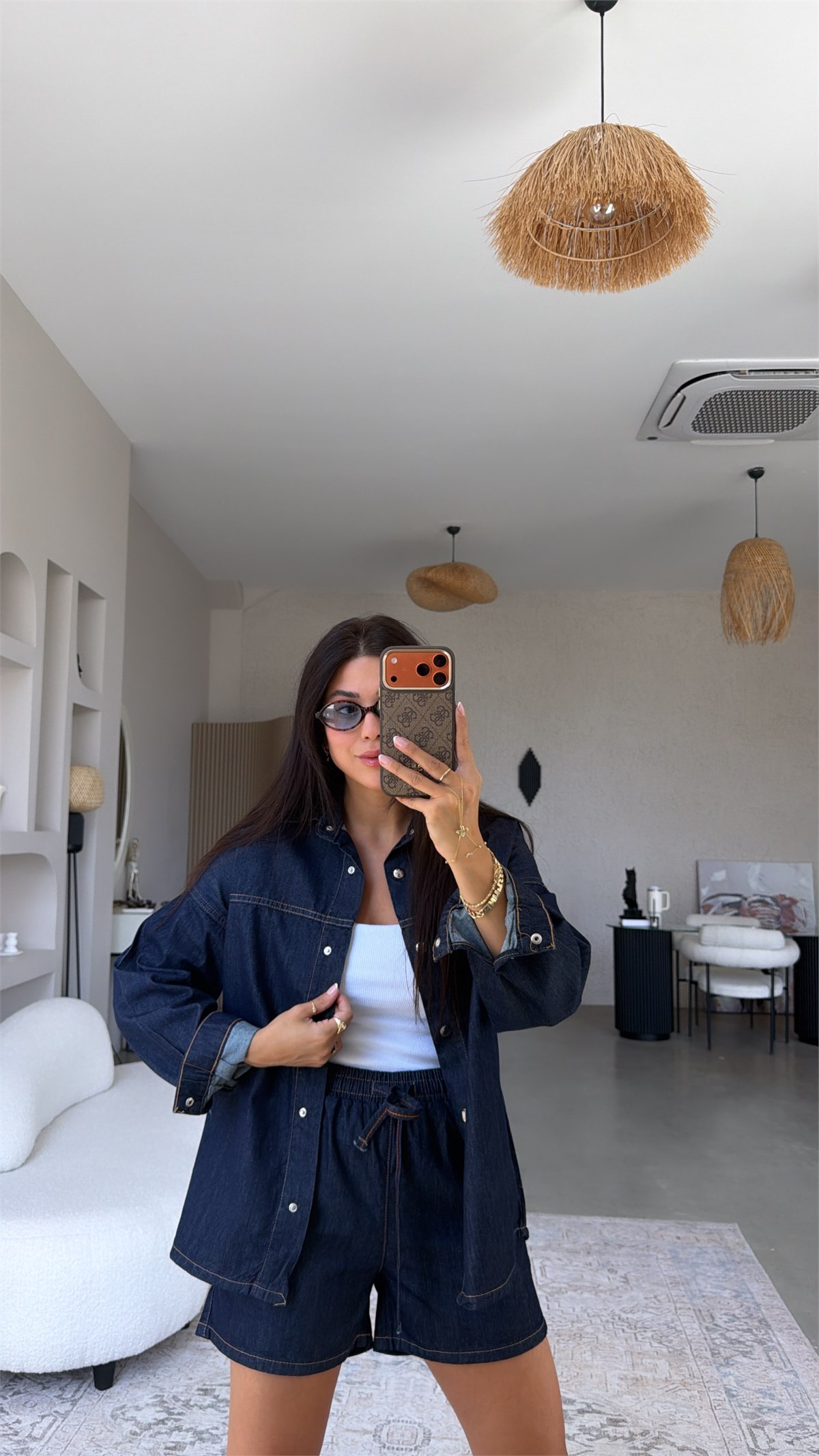 Lacivert Denim Şort Gömlek Takım