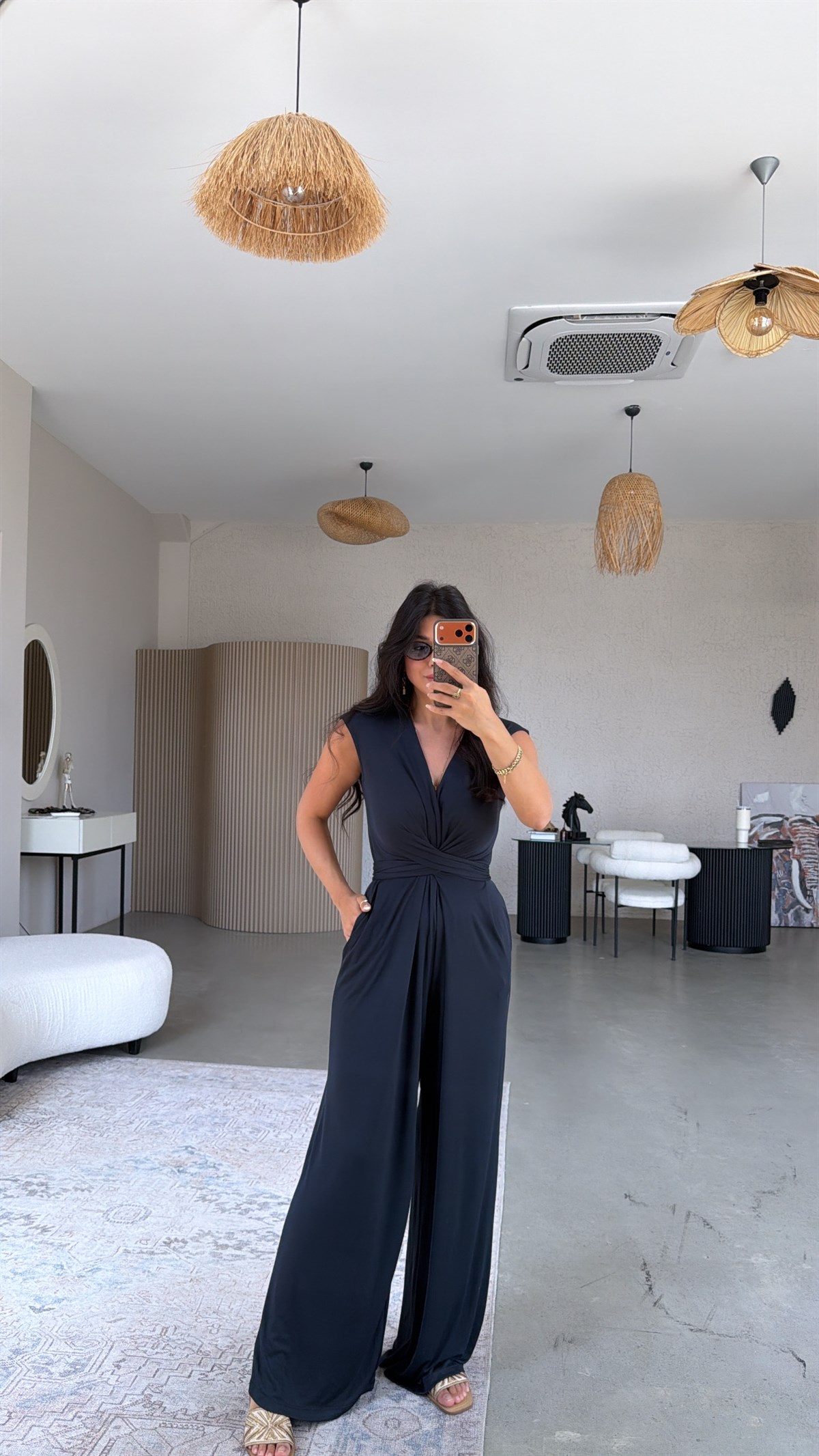 Lacivert Derin V Yaka İnce Kumaşlı Tulum
