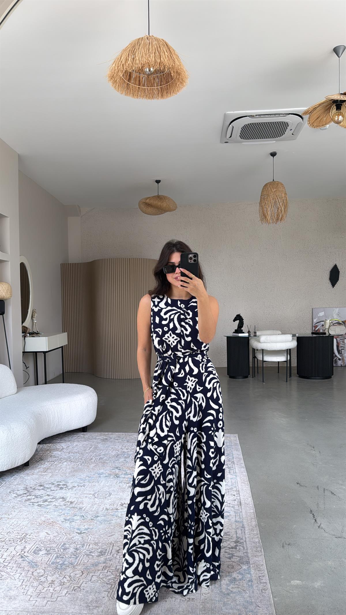 Lacivert Desenli Bol Paça Tulum