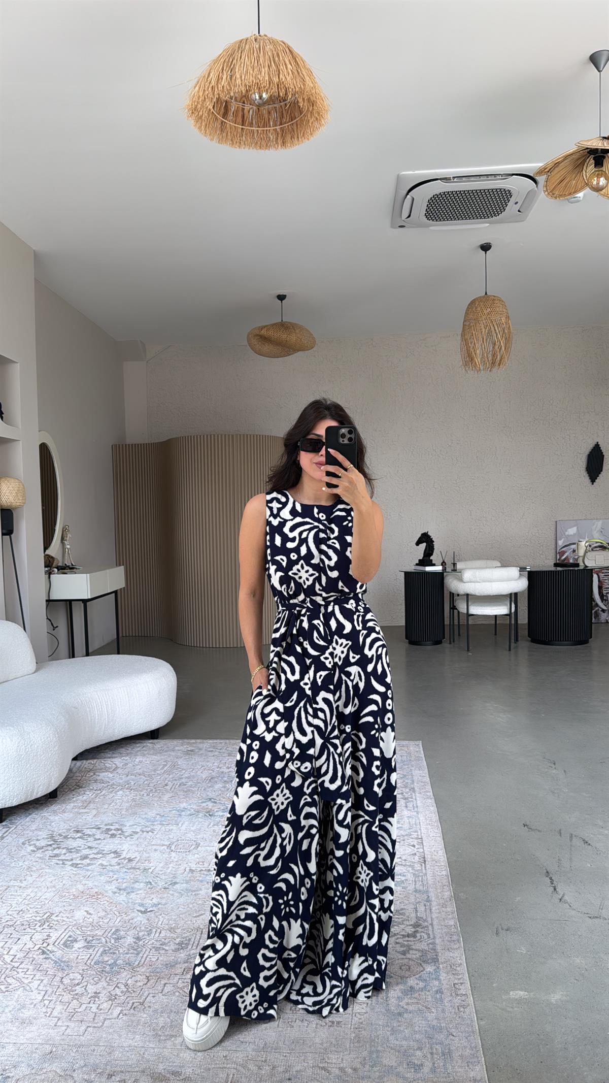 Lacivert Desenli Bol Paça Tulum