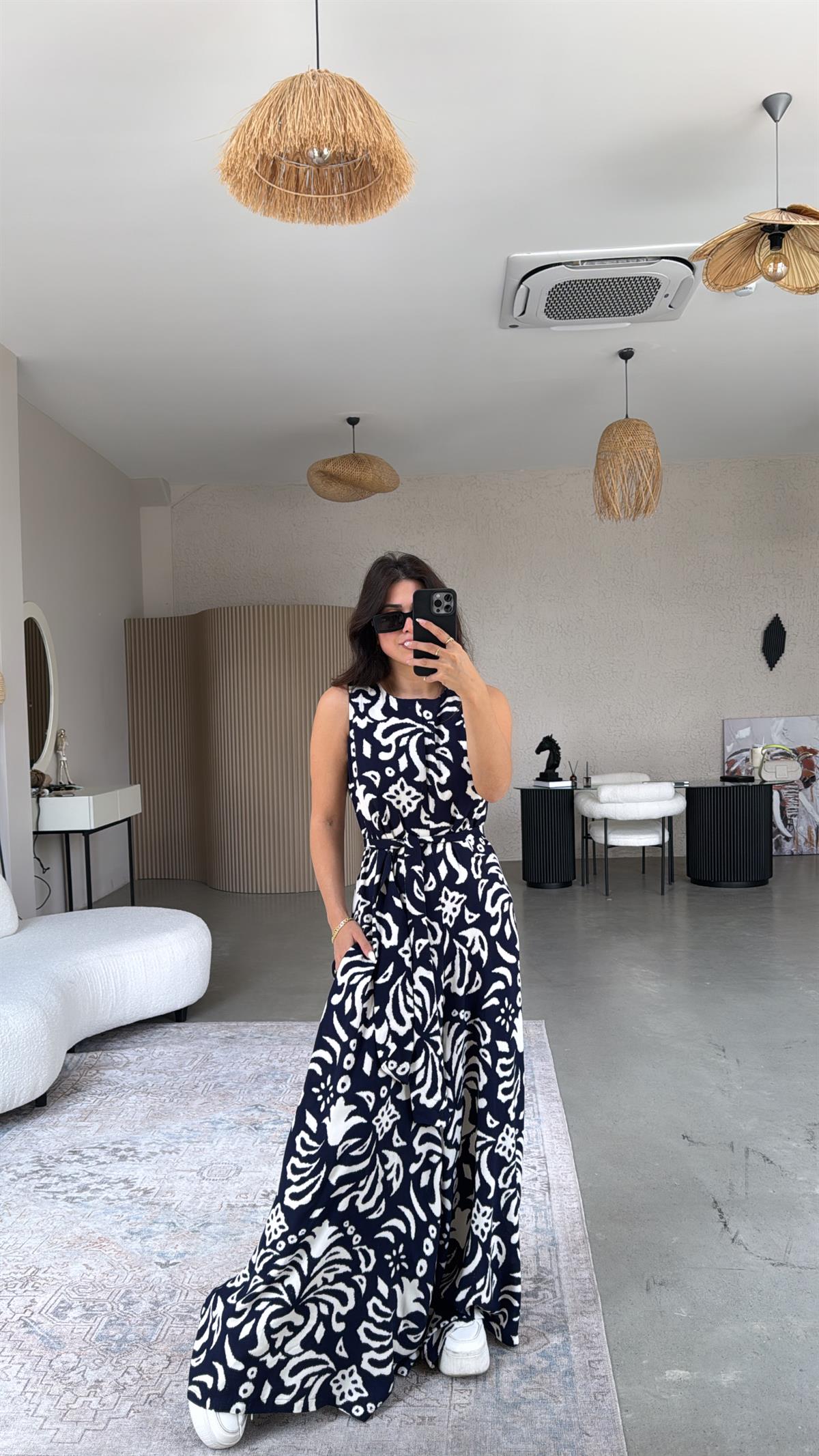 Lacivert Desenli Bol Paça Tulum