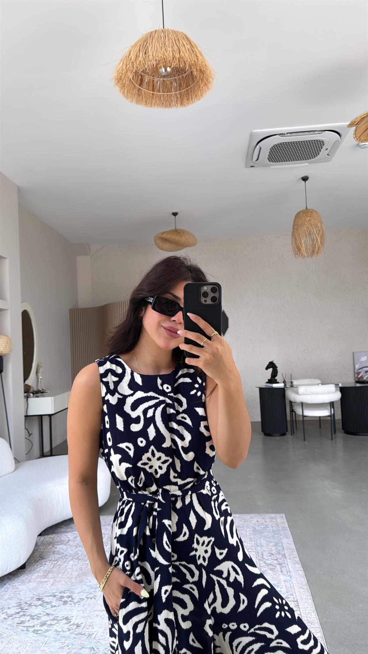 Lacivert Desenli Bol Paça Tulum