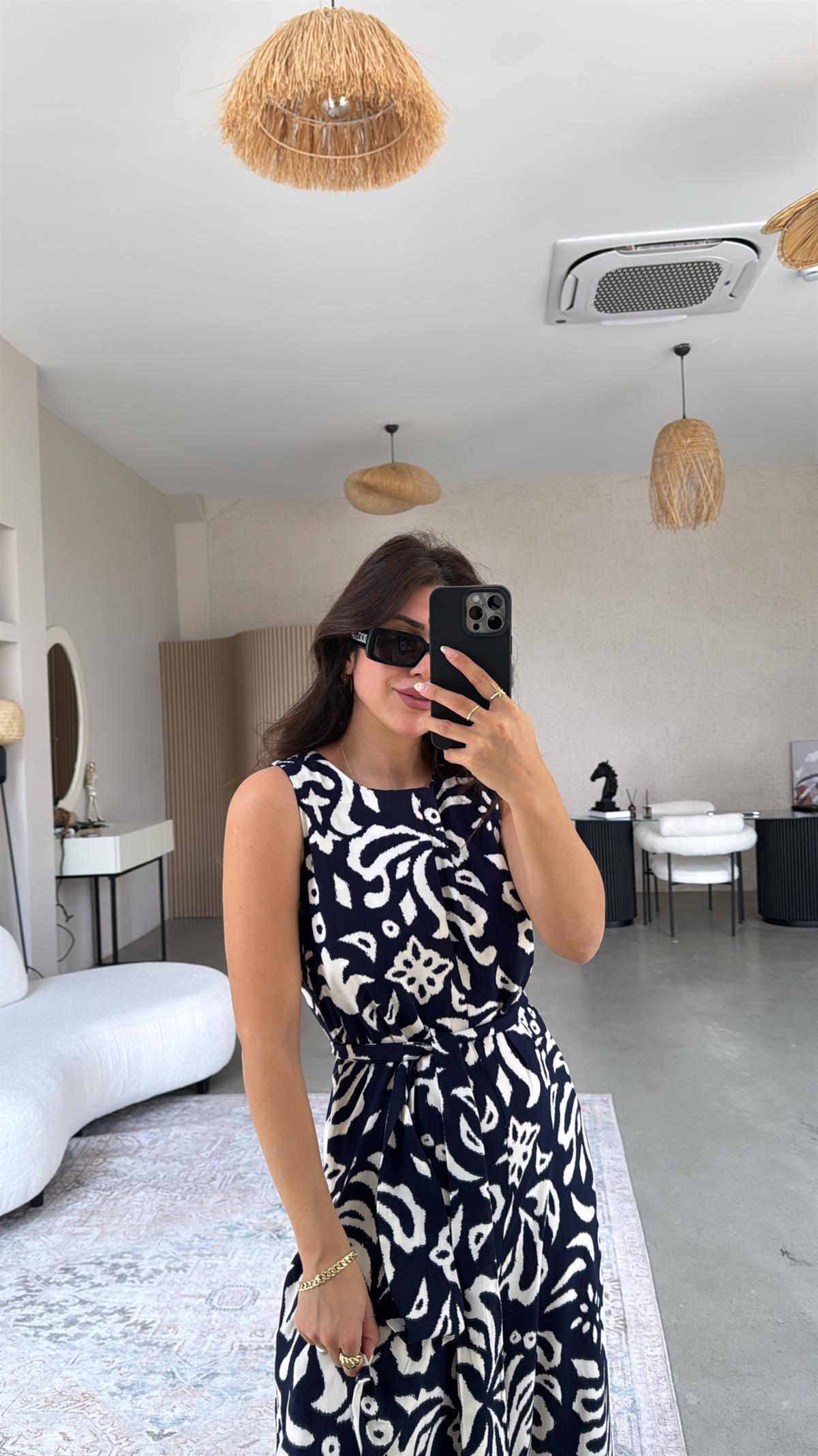 Lacivert Desenli Bol Paça Tulum