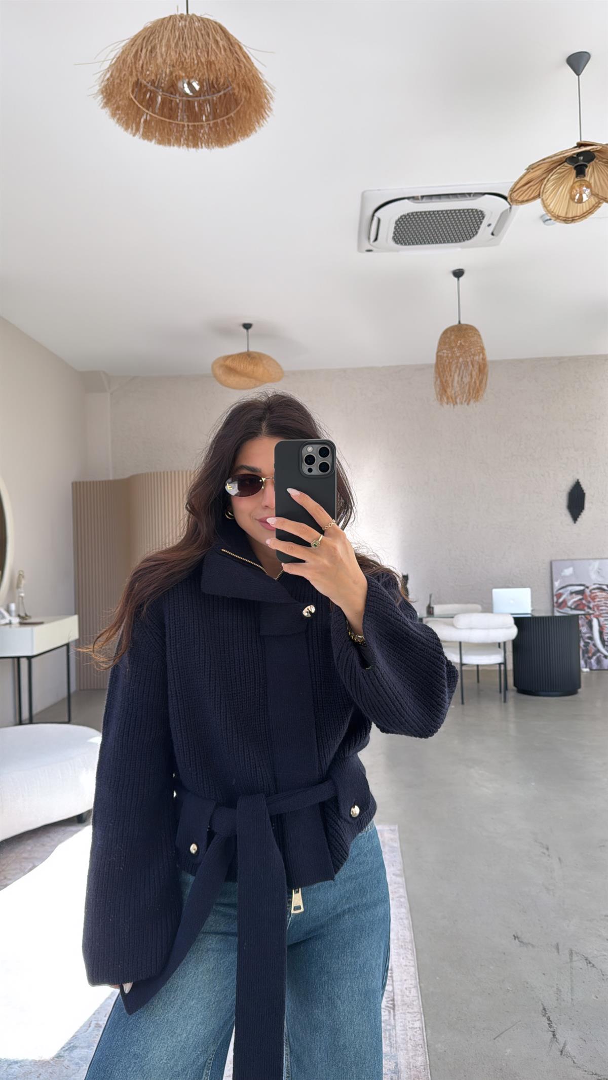 Lacivert Fermuarlı Dlv Premium Aksesuarlı Hırka