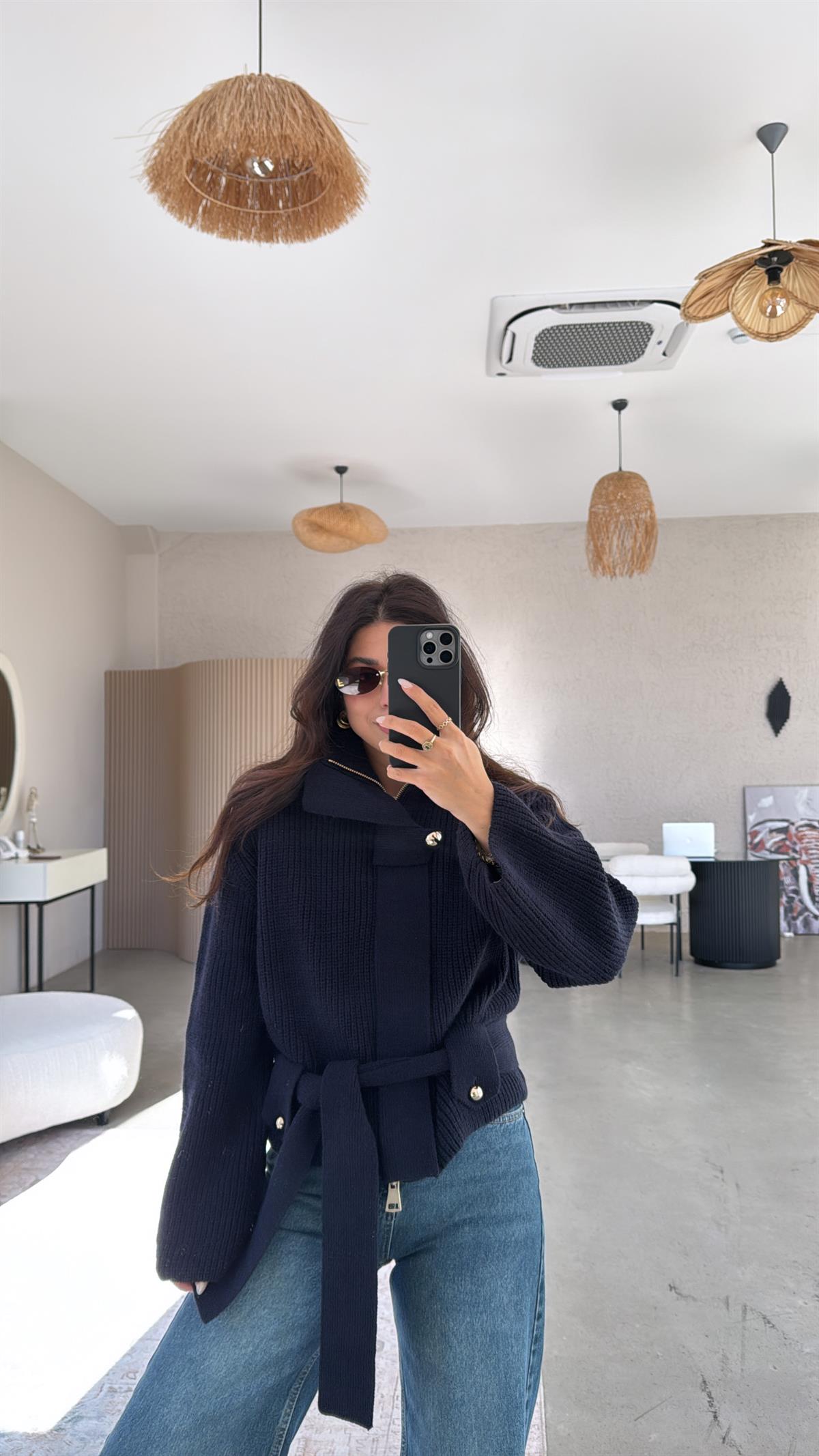 Lacivert Fermuarlı Dlv Premium Aksesuarlı Hırka