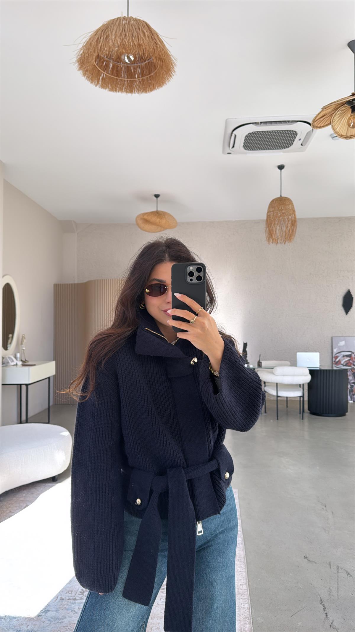 Lacivert Fermuarlı Dlv Premium Aksesuarlı Hırka