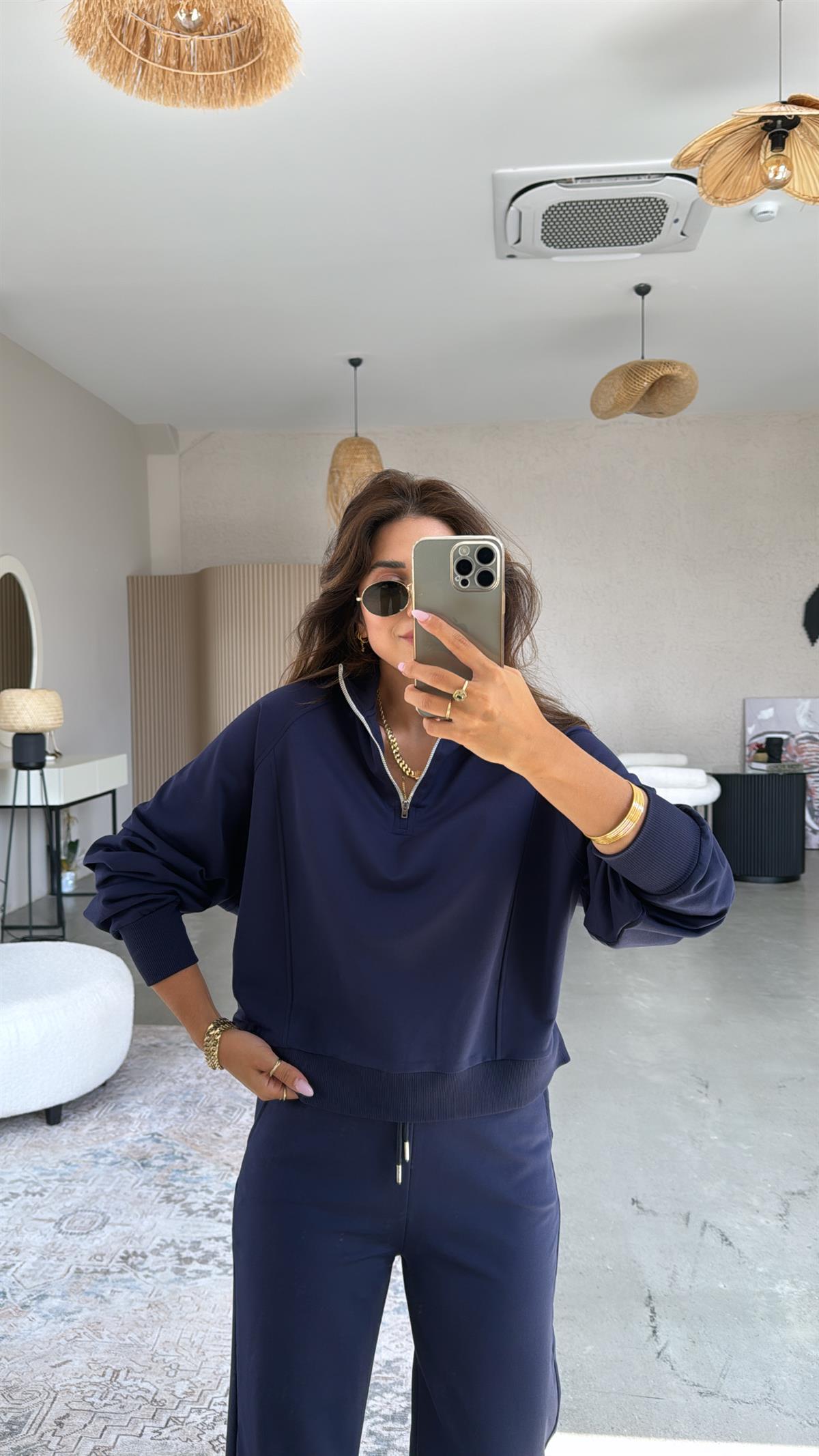 Lacivert Fermuarlı İki İplik Sweatshirt