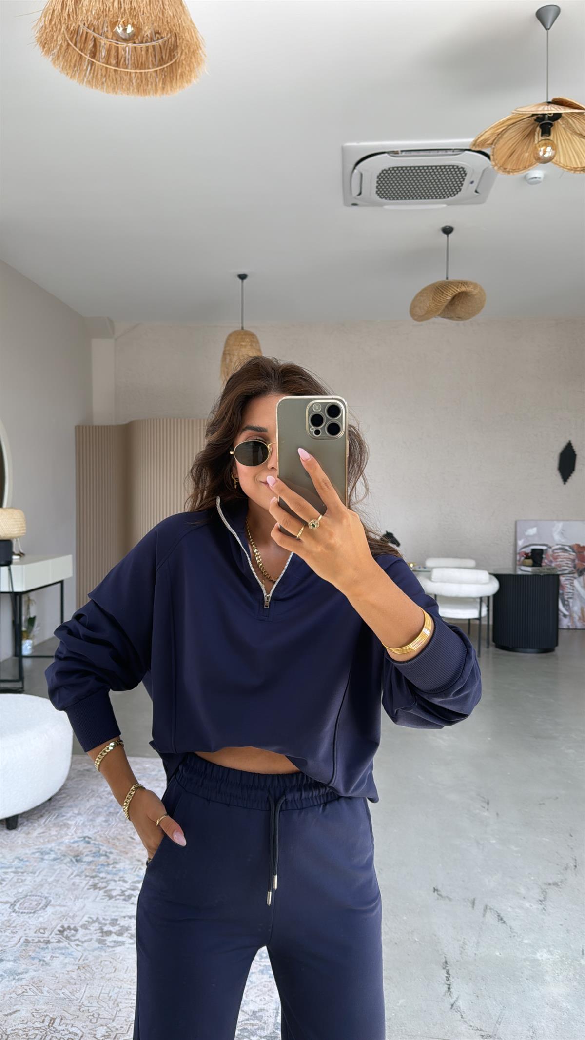 Lacivert Fermuarlı İki İplik Sweatshirt