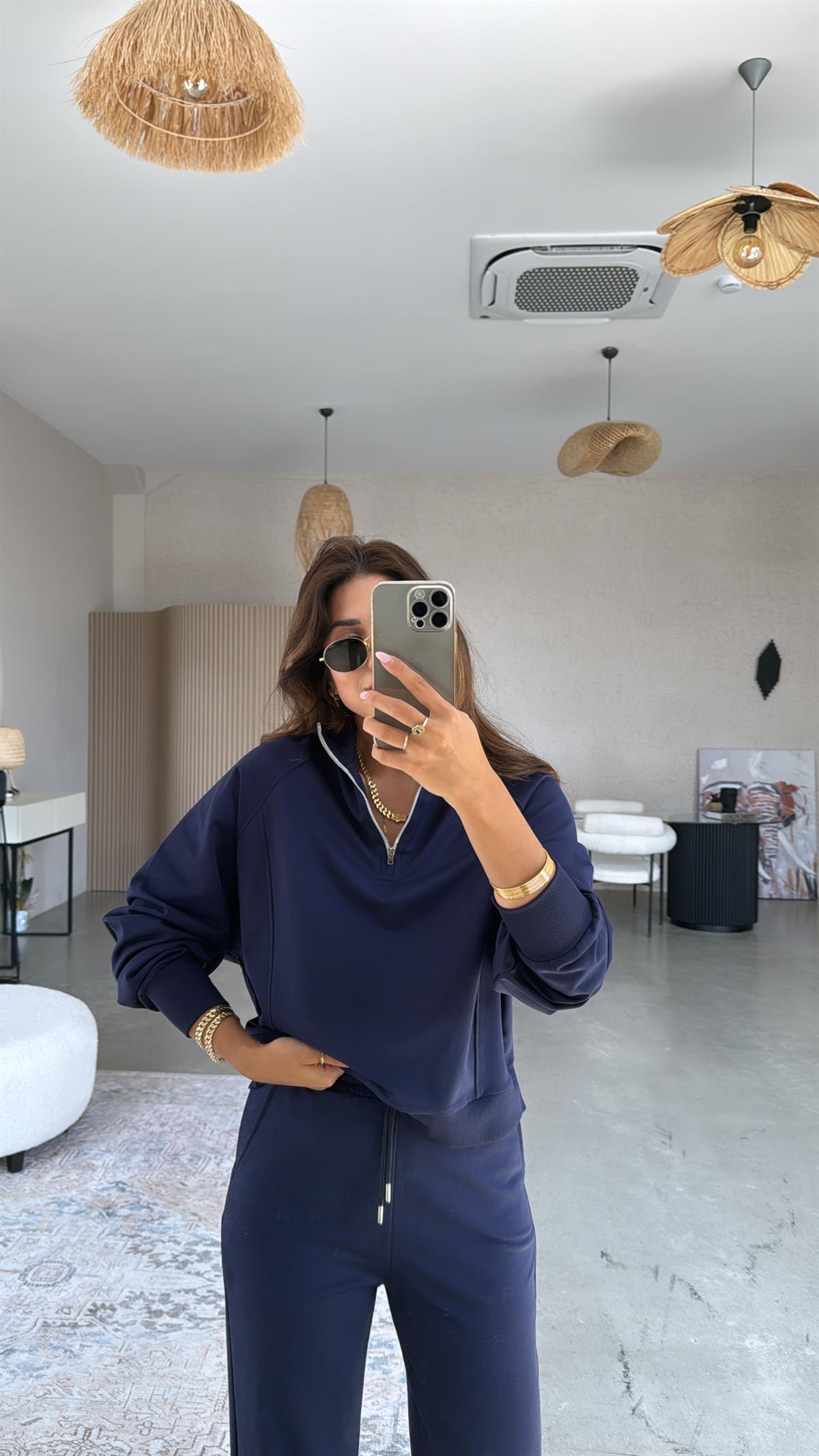 Lacivert Fermuarlı İki İplik Sweatshirt