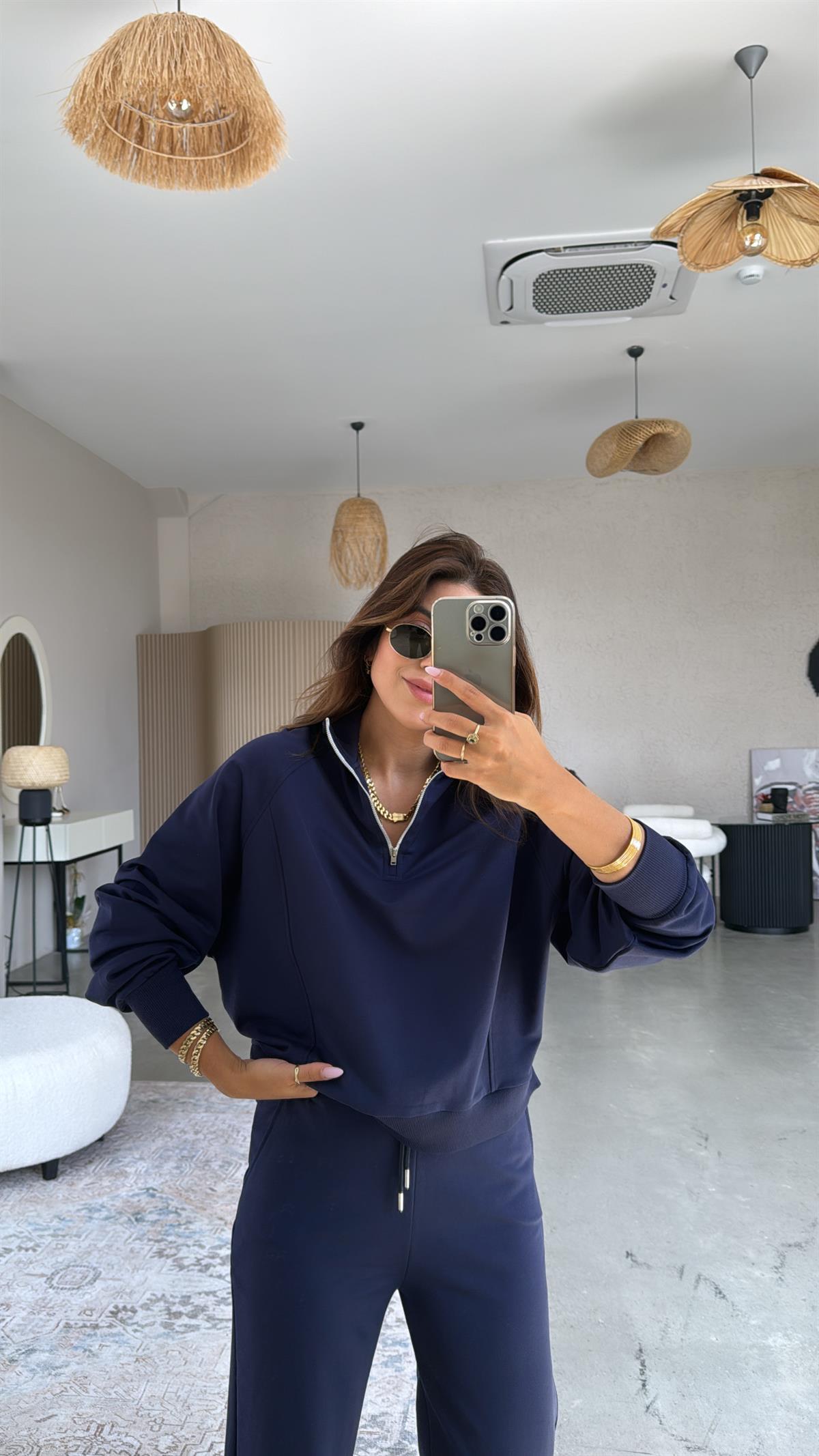 Lacivert Fermuarlı İki İplik Sweatshirt