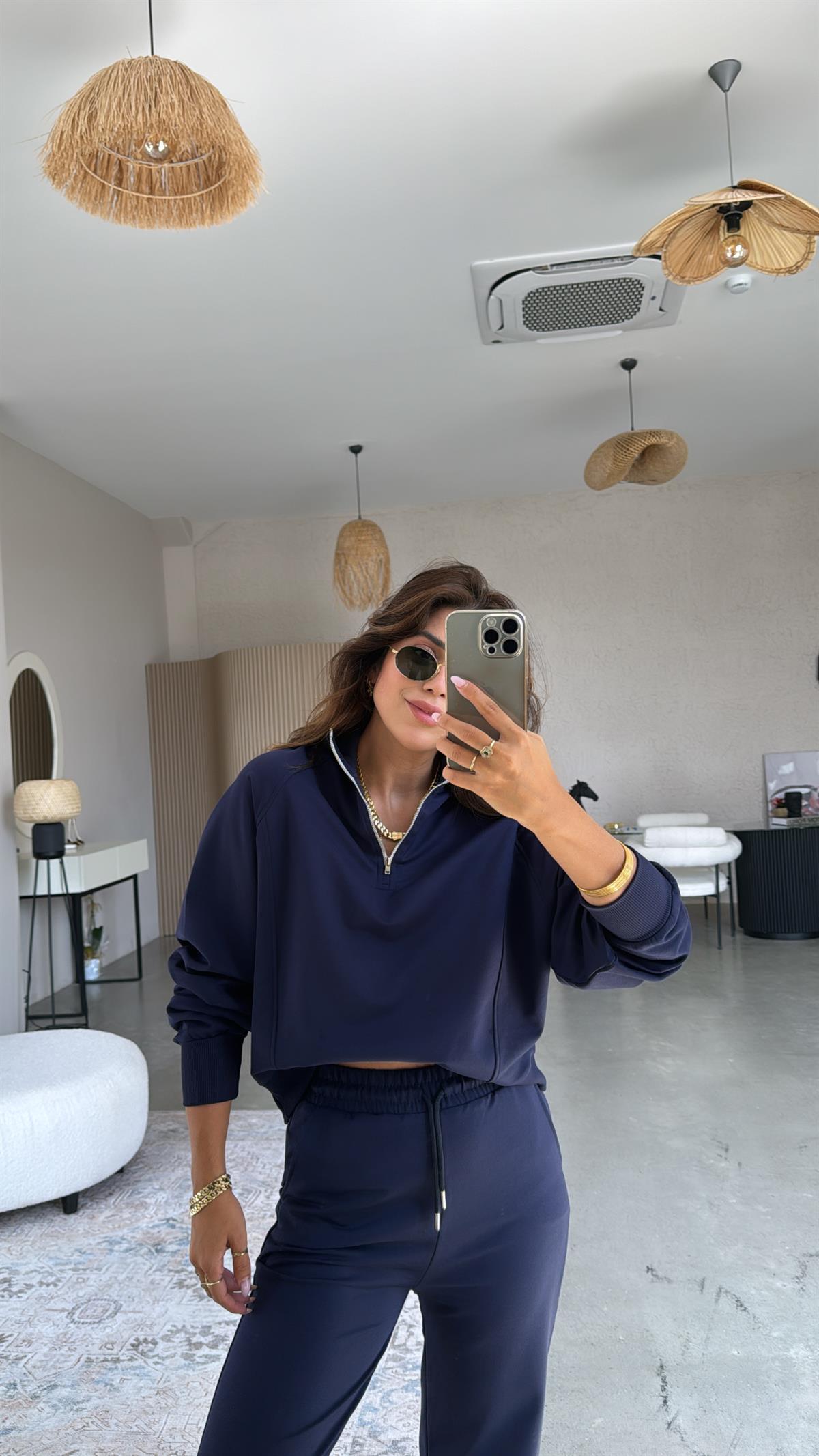 Lacivert Fermuarlı İki İplik Sweatshirt