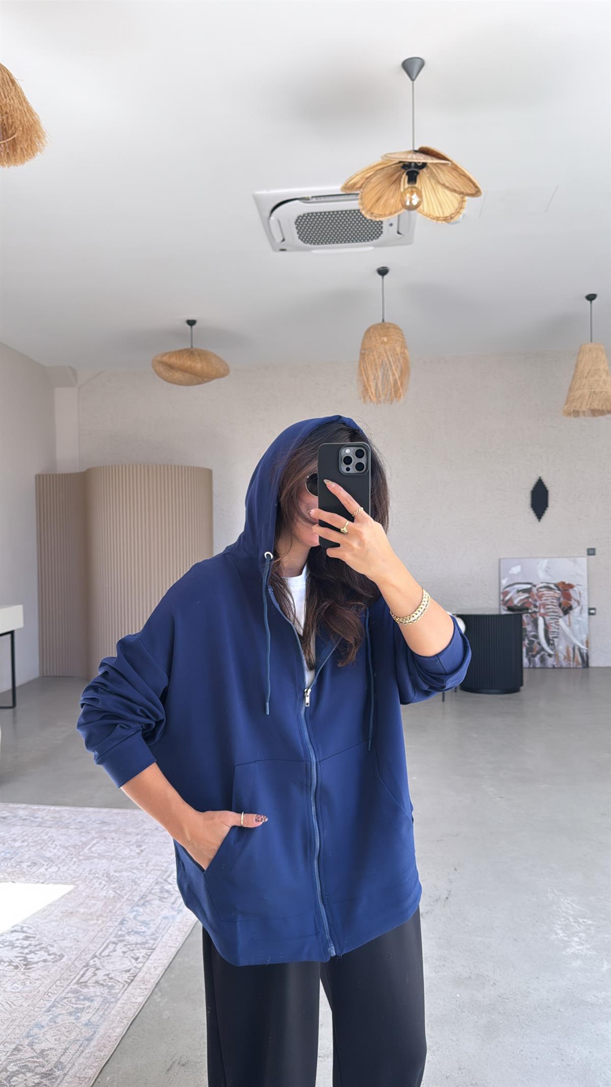 Lacivert Fermuarlı Modal Hoodie