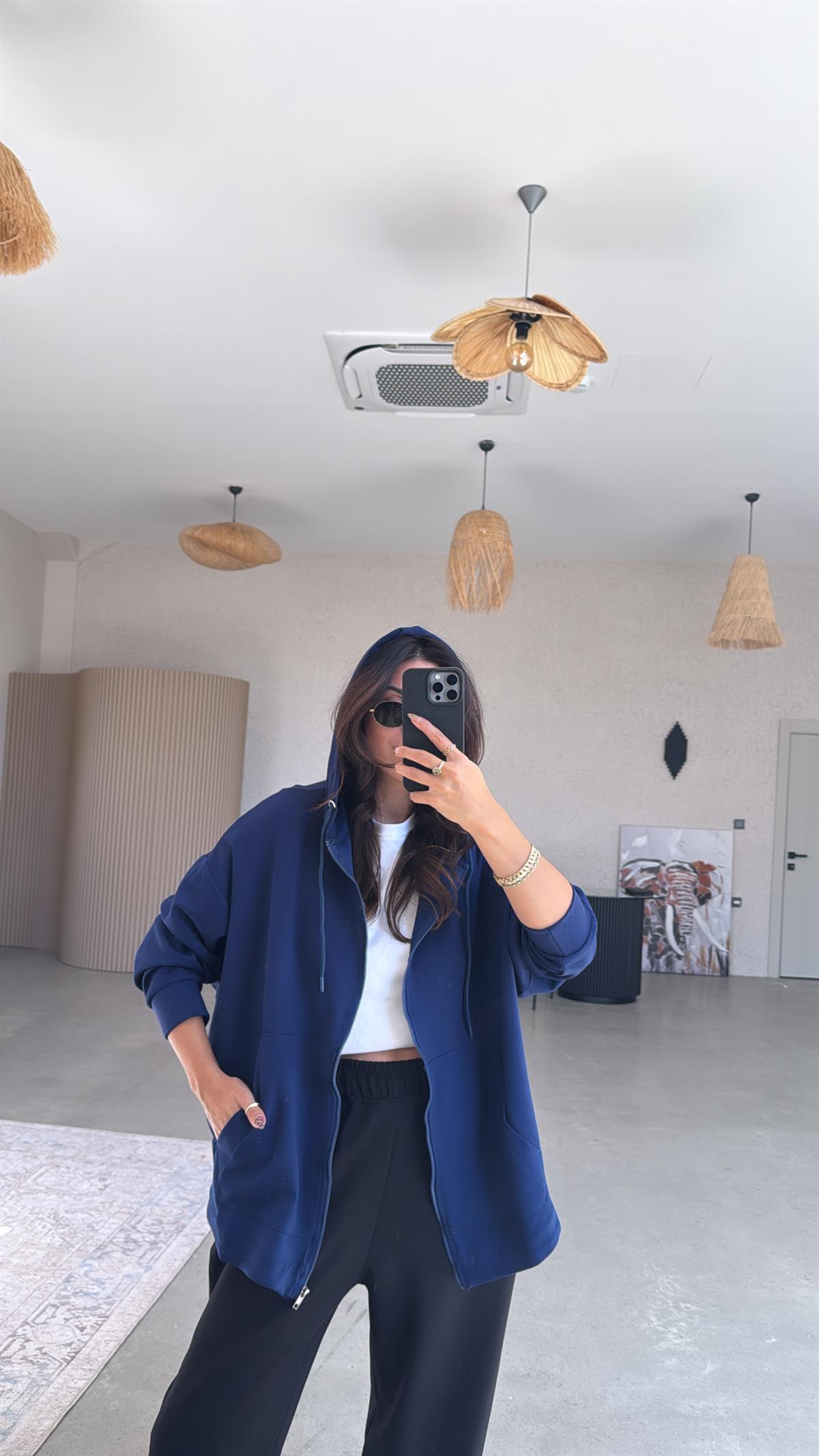 Lacivert Fermuarlı Modal Hoodie