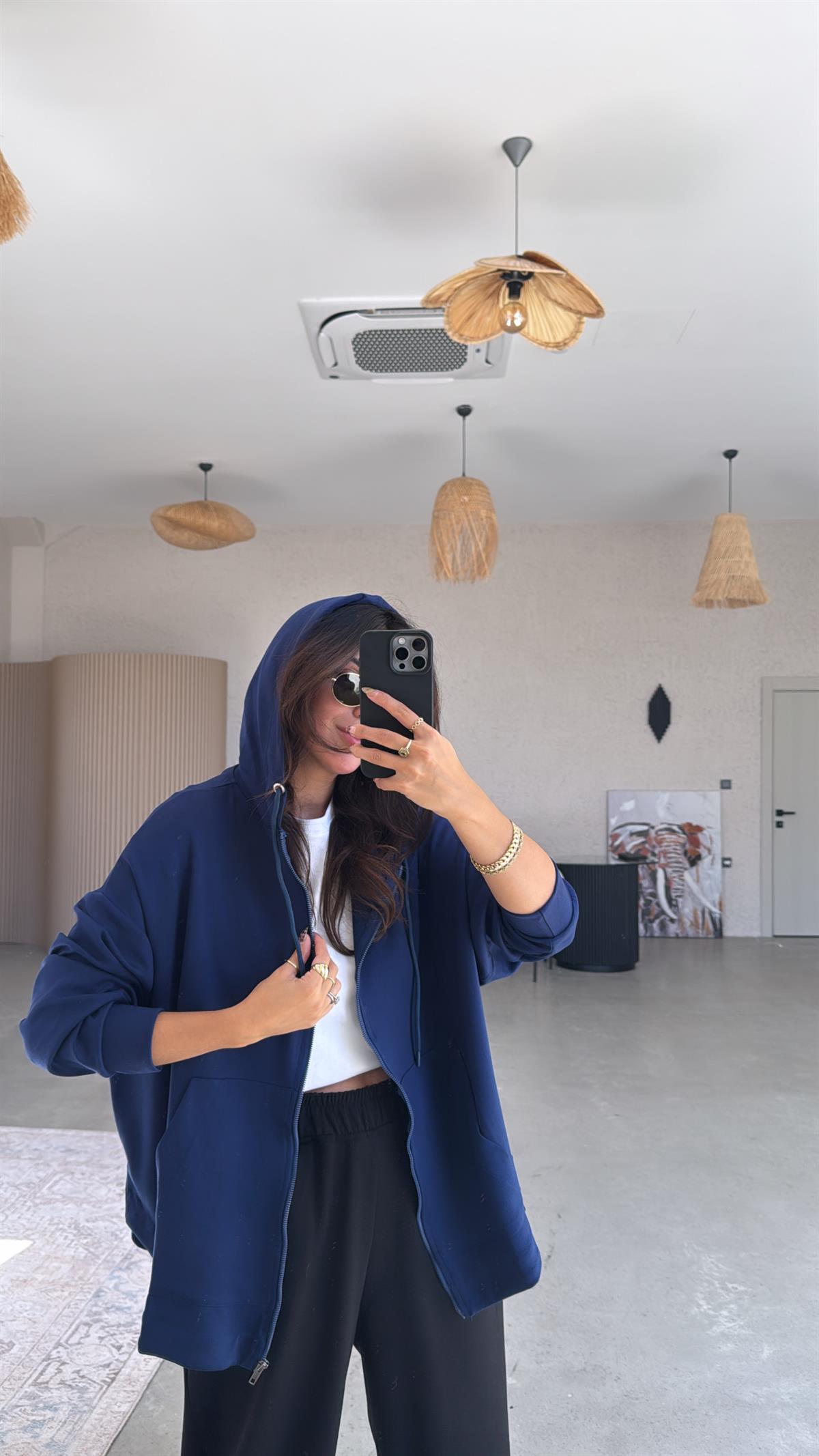 Lacivert Fermuarlı Modal Hoodie